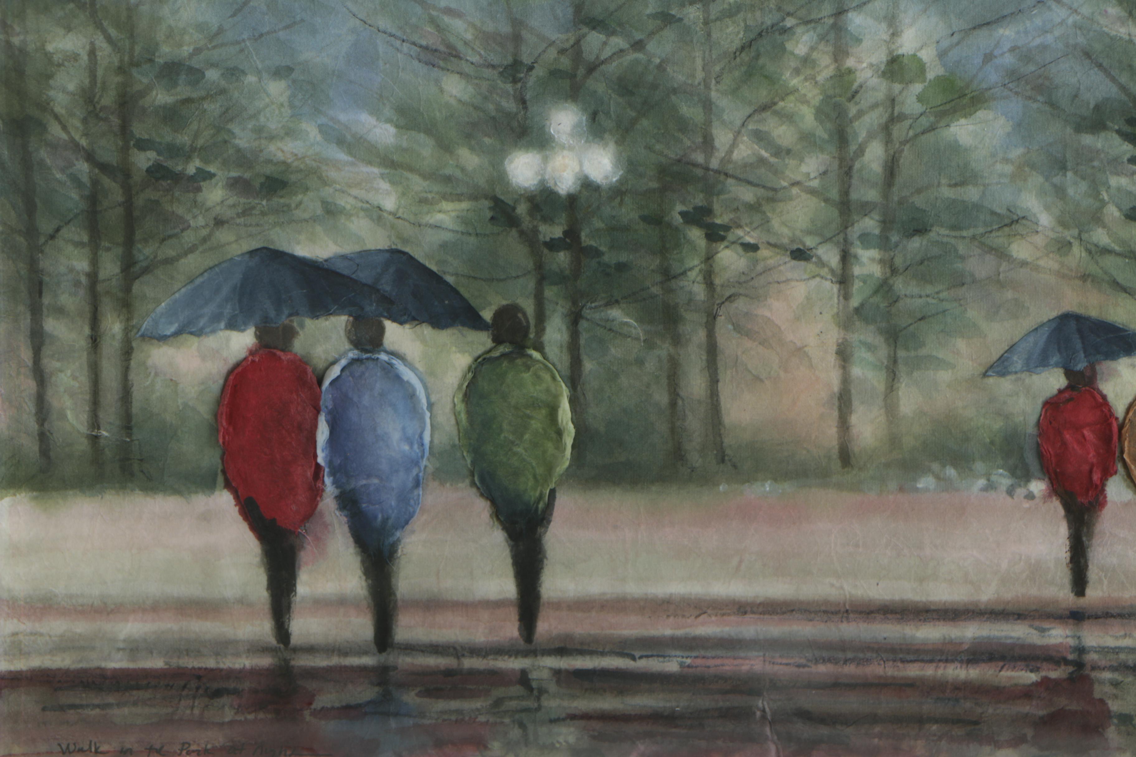 Ross Erickson Embellished Watercolor Painting "Walk in the Park at Night"