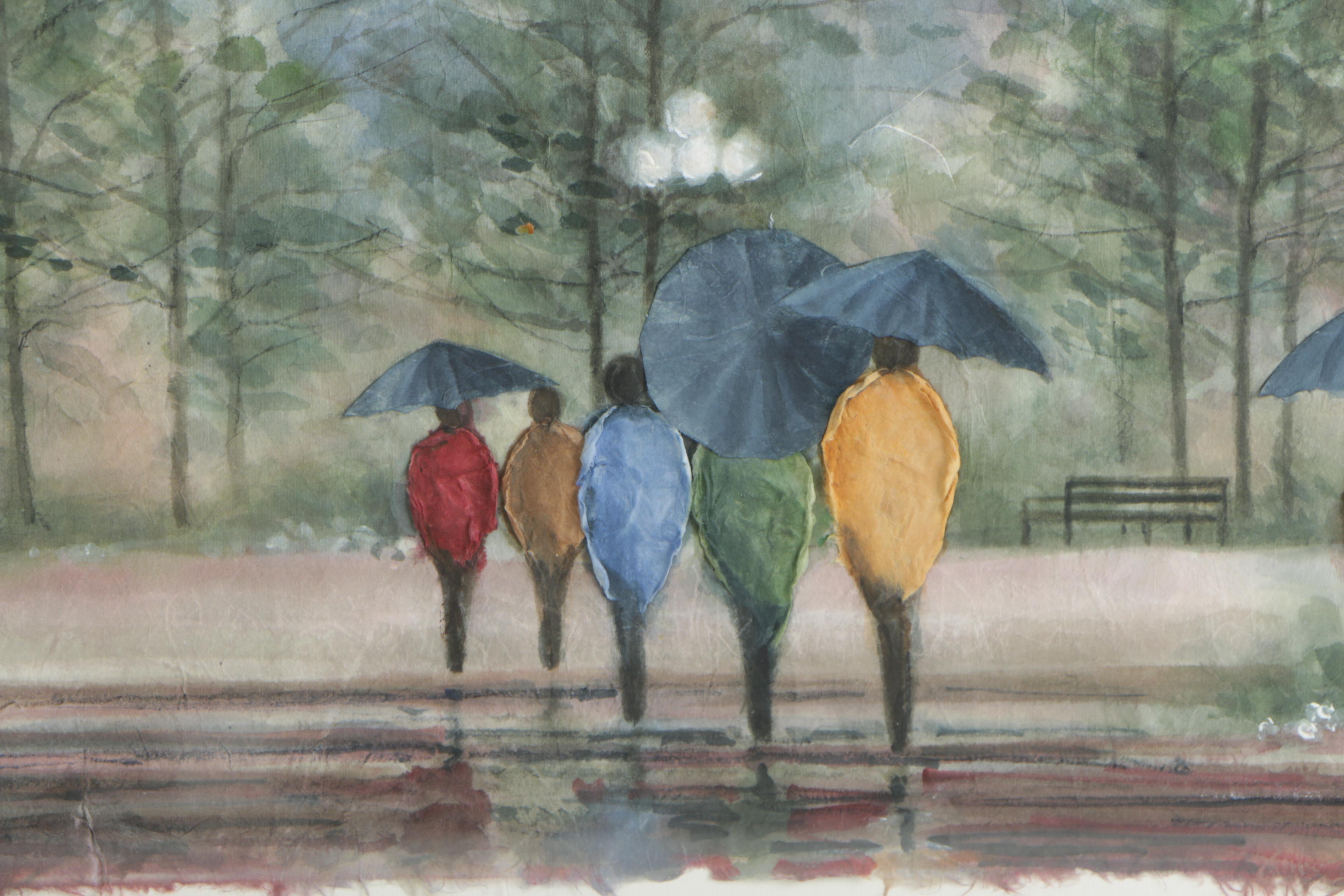 Ross Erickson Embellished Watercolor Painting "Walk in the Park at Night"