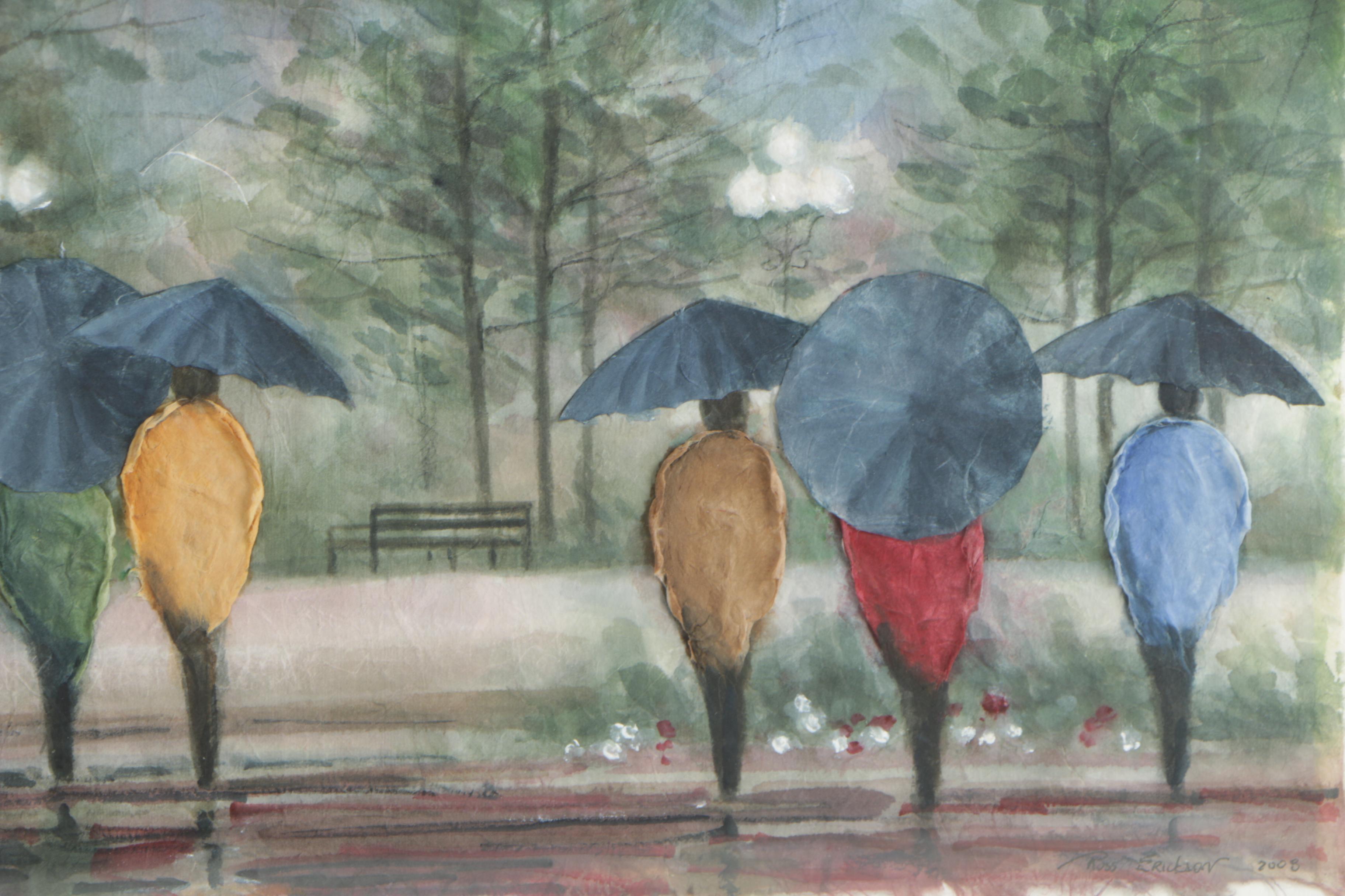 Ross Erickson Embellished Watercolor Painting "Walk in the Park at Night"