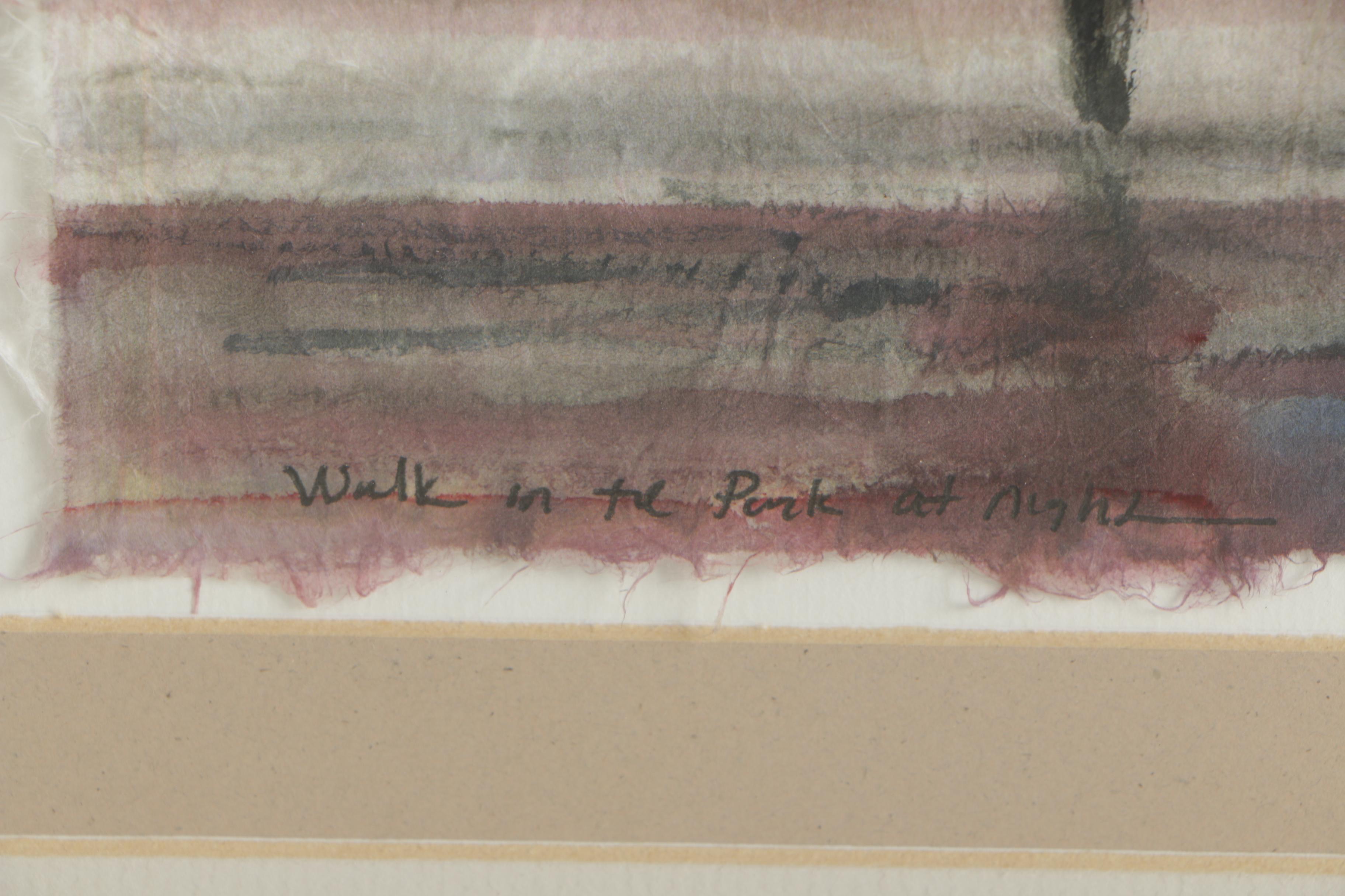 Ross Erickson Embellished Watercolor Painting "Walk in the Park at Night"