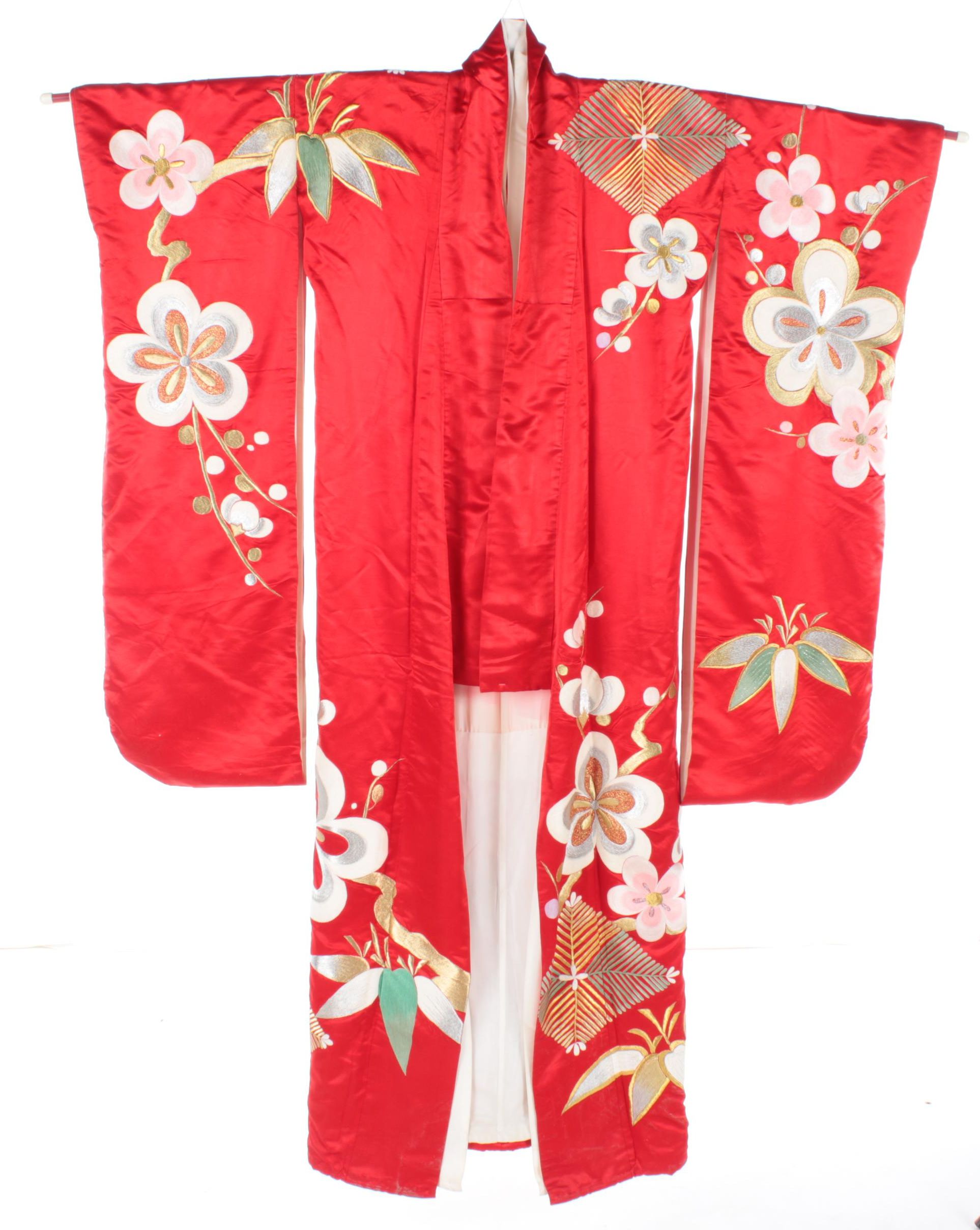 Vintage Japanese Embroidered Silk Furisode Kimono and Display Rod
