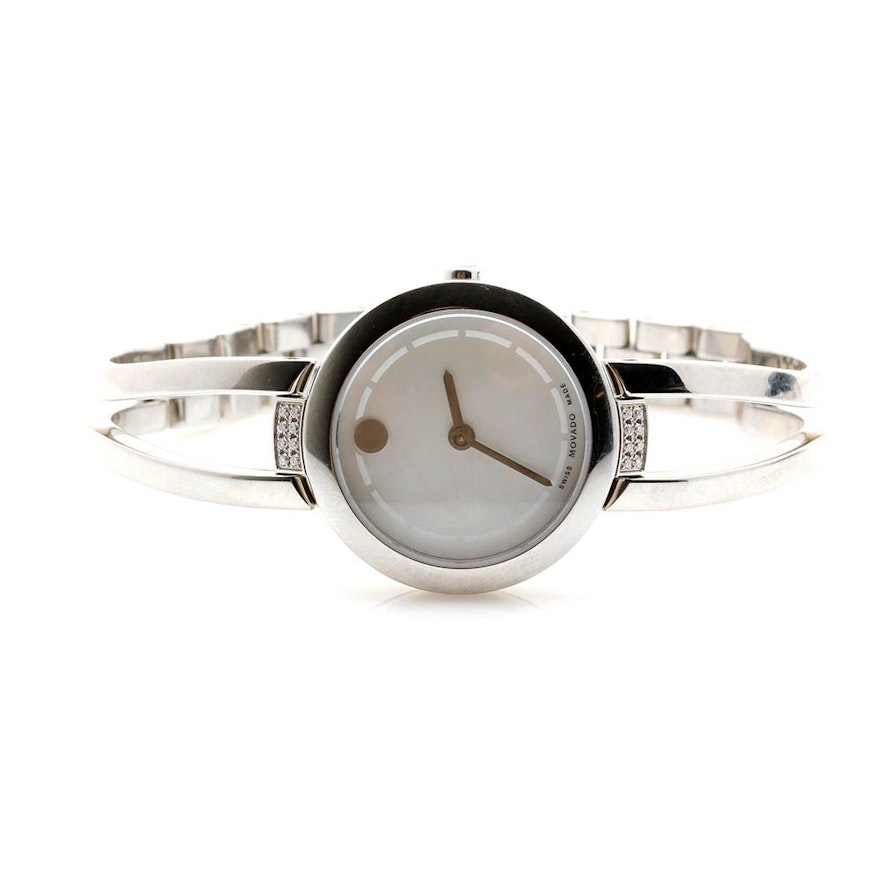 Movado Silver Tone Mother-of-Pearl and Diamond Wristwatch