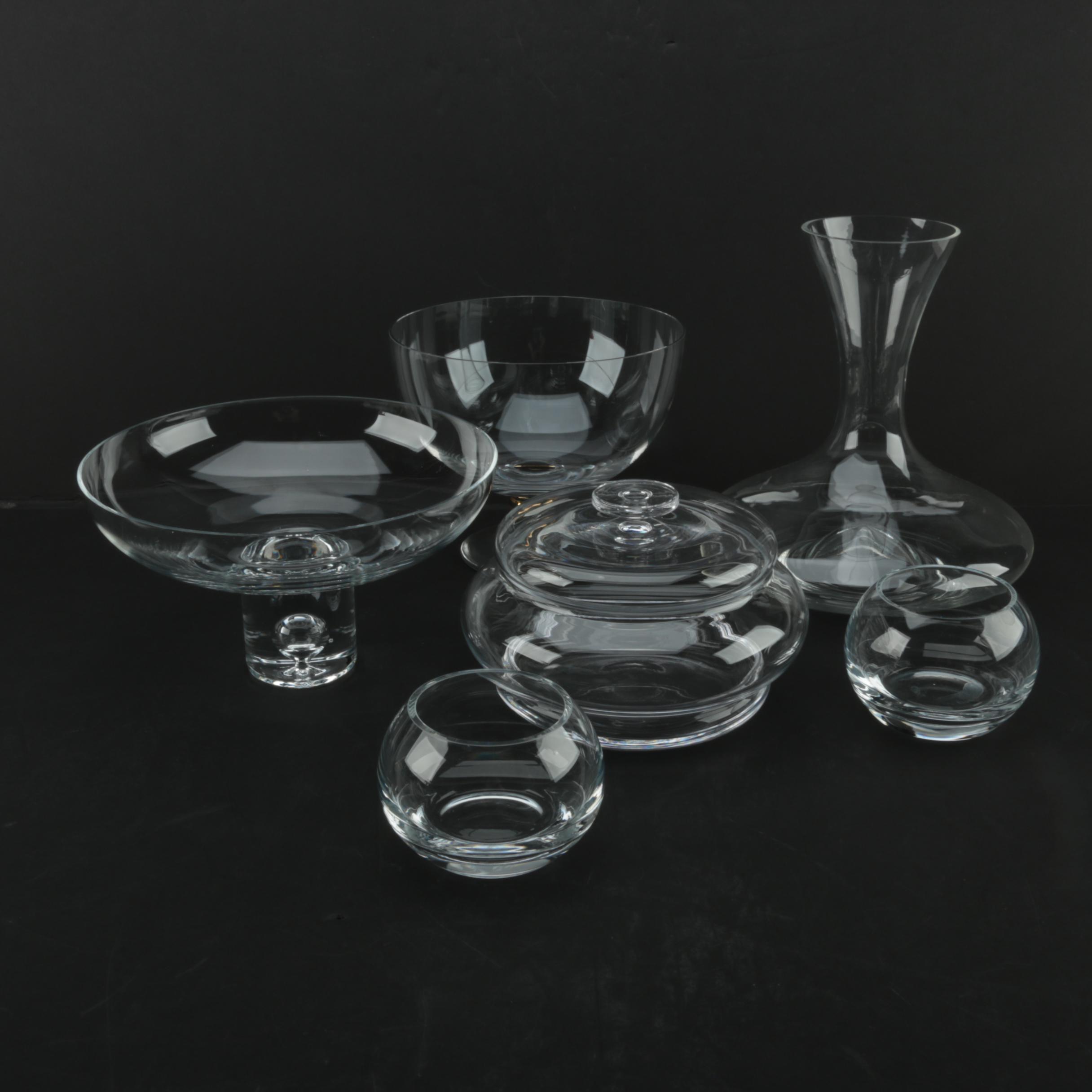 Glass Serveware Including Steuben Style Pedestal Bowl