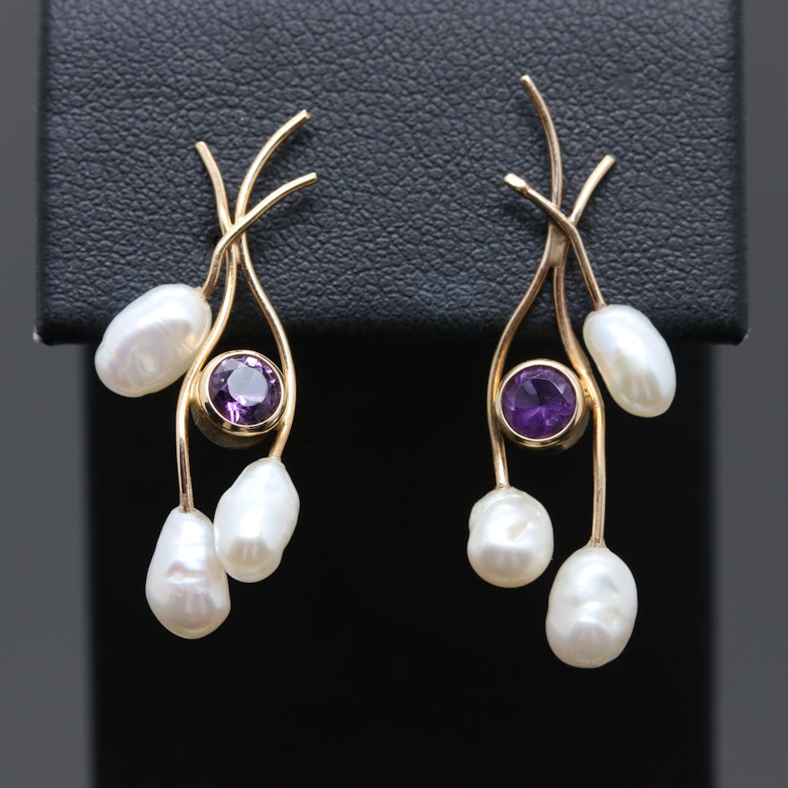 14K Yellow Gold Cultured Freshwater Pearl and Amethyst Earrings