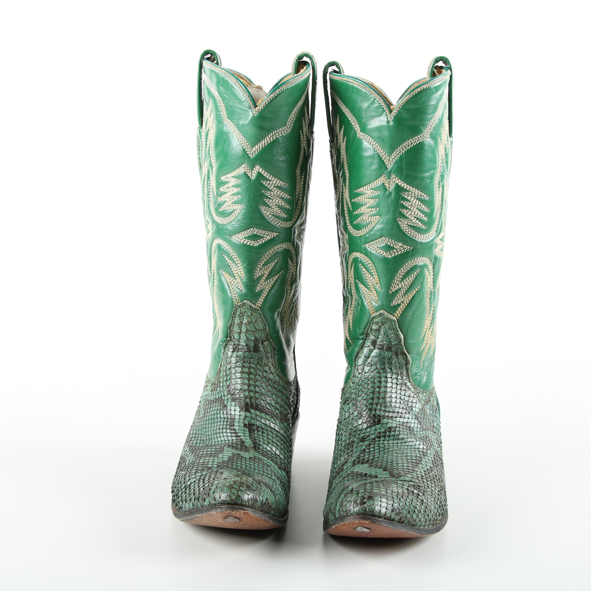 Men's Vintage Tony Lama Green Python and Leather Cowboy Boots