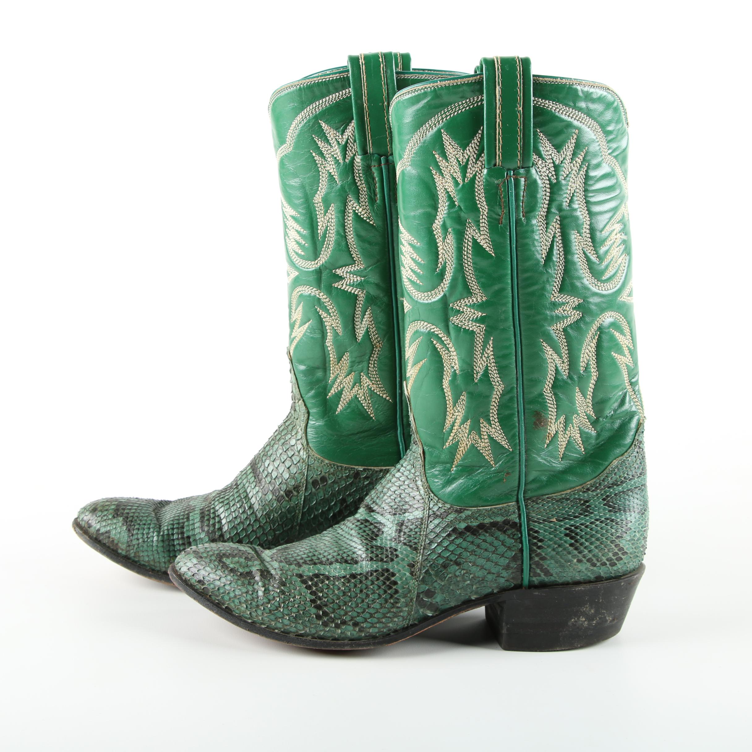 Men's Vintage Tony Lama Green Python and Leather Cowboy Boots