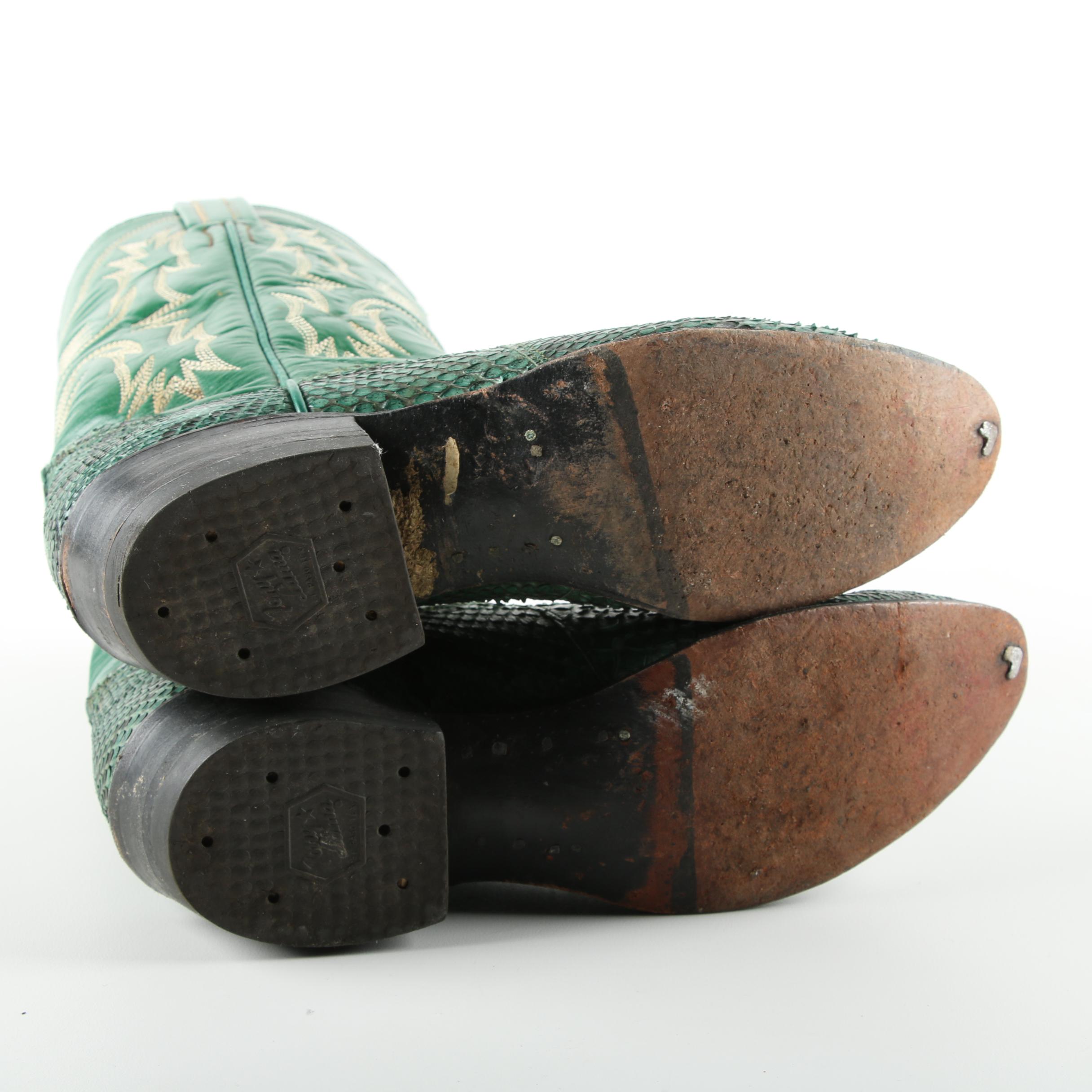 Men's Vintage Tony Lama Green Python and Leather Cowboy Boots