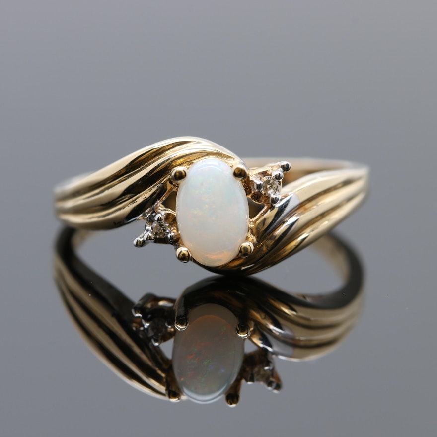 10K Yellow Gold Opal and Diamond Ring