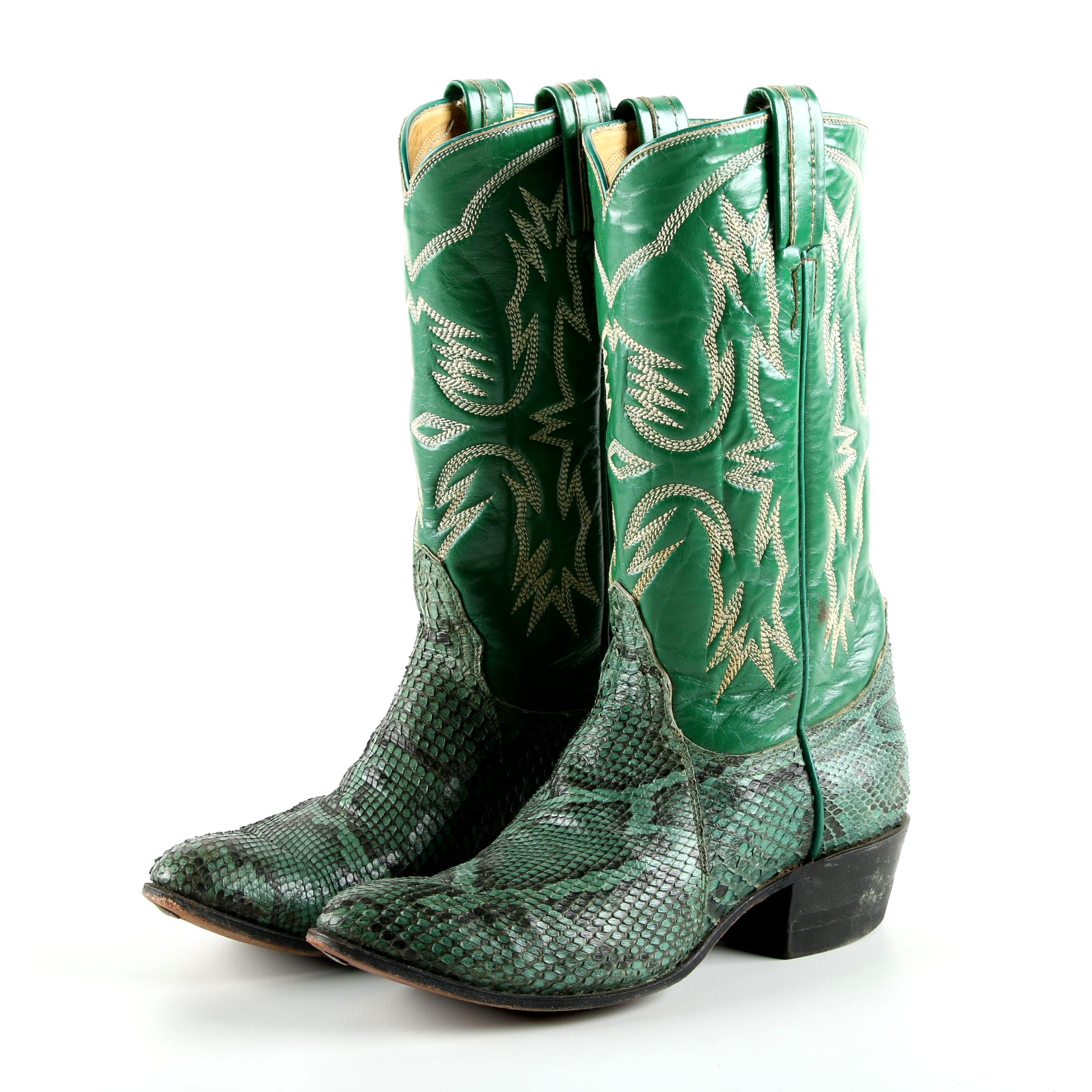 Men's Vintage Tony Lama Green Python and Leather Cowboy Boots