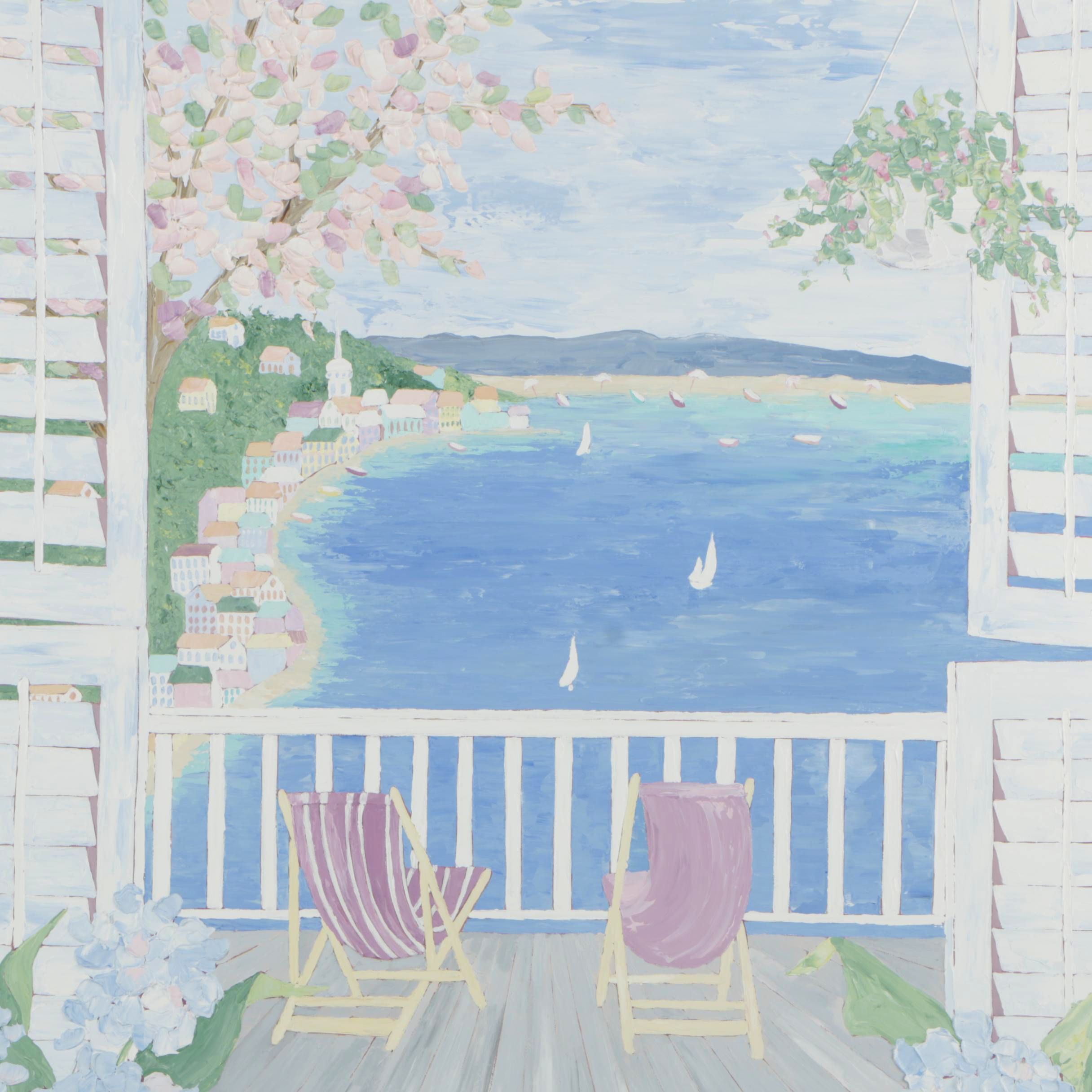 Shari Hatchett Circa 1980s Oil Painting of Oceanside Balcony View