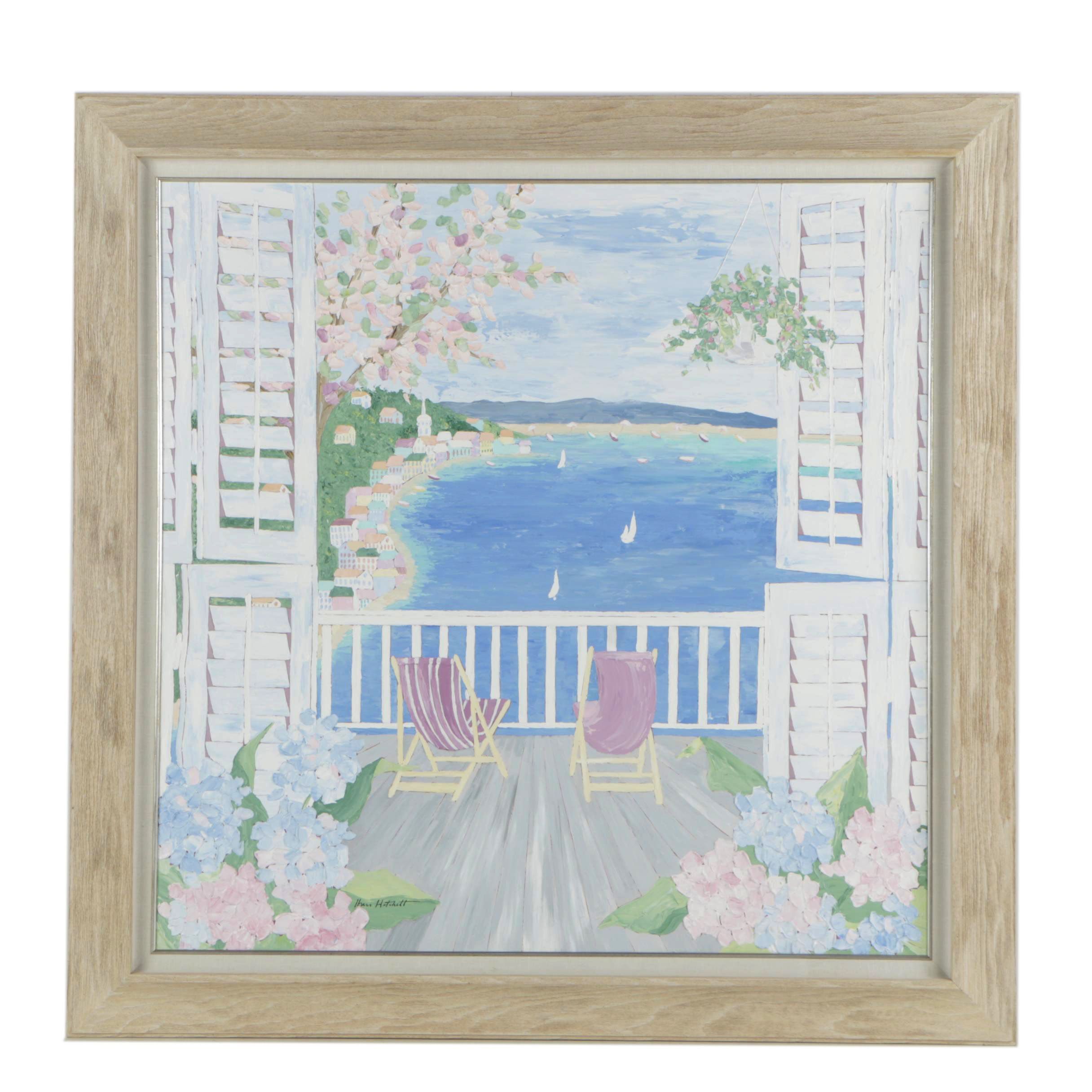 Shari Hatchett Circa 1980s Oil Painting of Oceanside Balcony View
