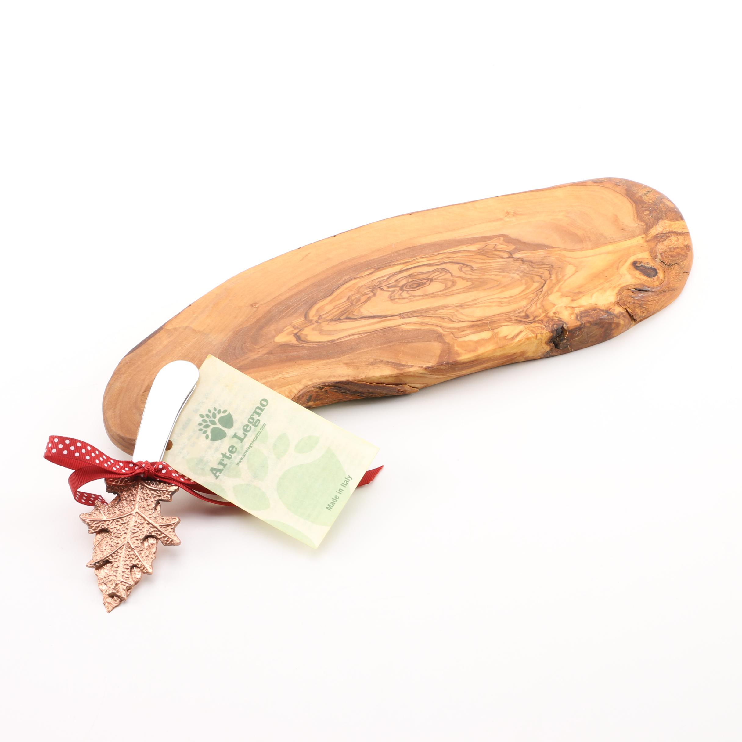 Italian Arte Legno Natural Wood Cheese Board and Copper Leaf Canape Knives
