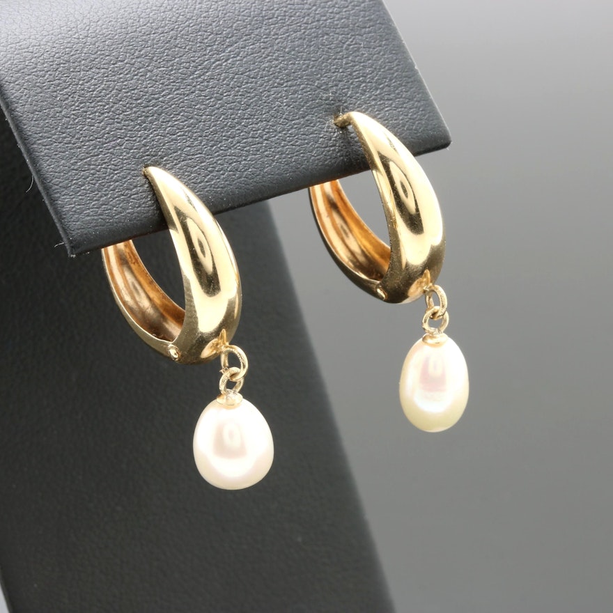 14K Yellow Gold Cultured Pearl Huggie Hoop Earrings