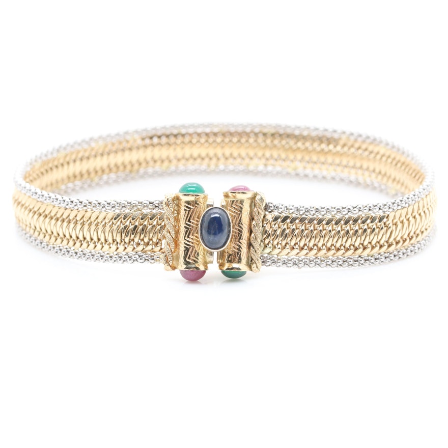 14K Yellow and White Gold Blue Sapphire, Ruby and Green Chalcedony Bracelet