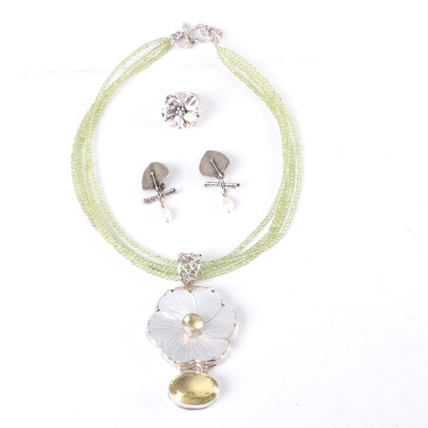 Sterling Silver Jewelry Featuring Lemon Quartz, Peridot, and Cultured Pearl