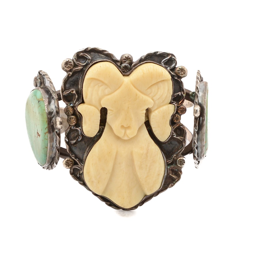 Sterling Silver Carved Bone and Turquoise Cuff Bracelet