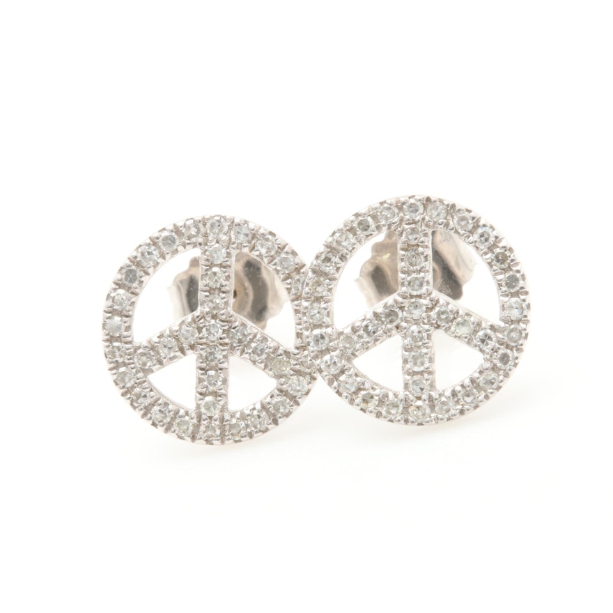 14K White Gold Diamond Peace Sign Stud Earrings