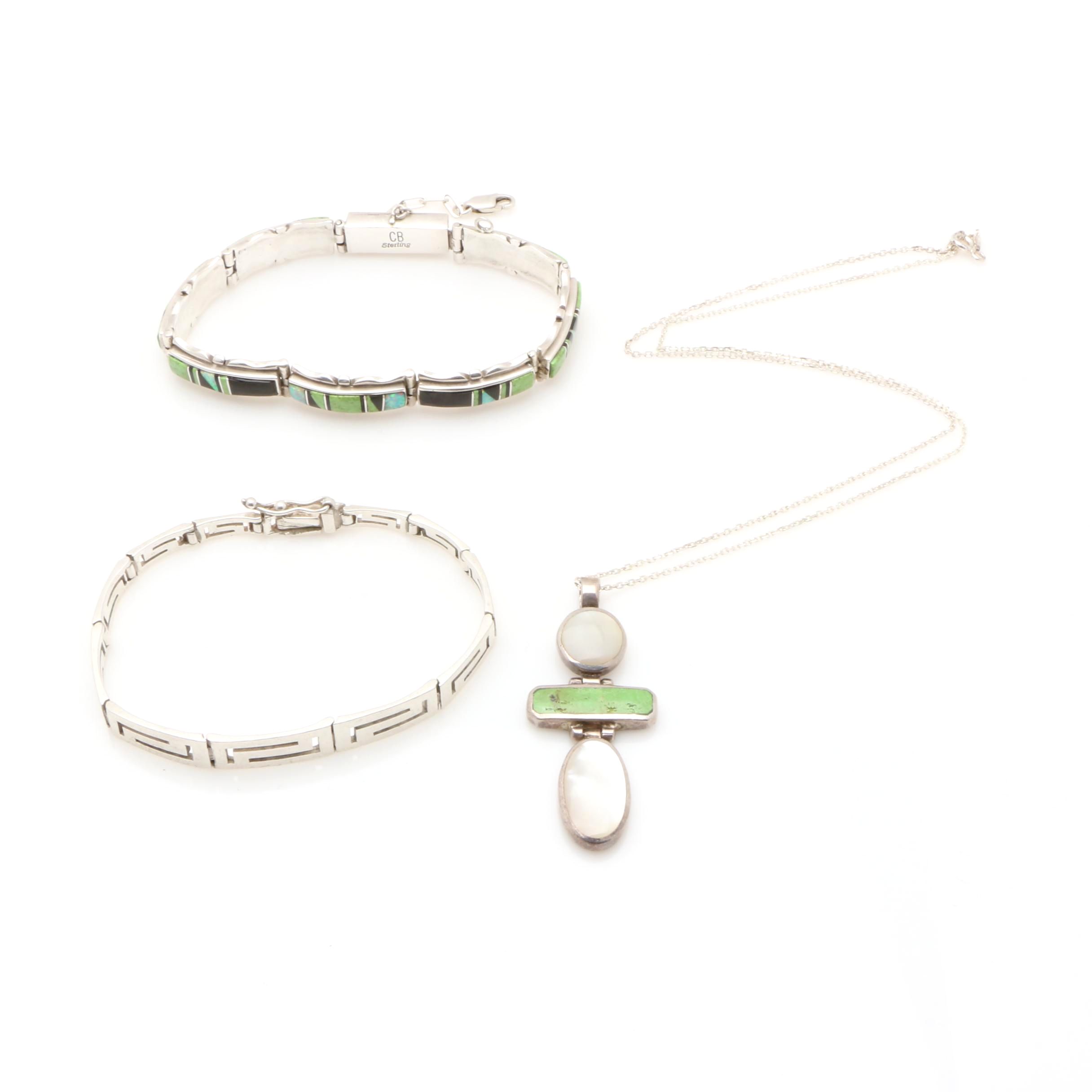 Sterling Silver Bracelets and Necklace Including Gaspeite and Clarence Bailon
