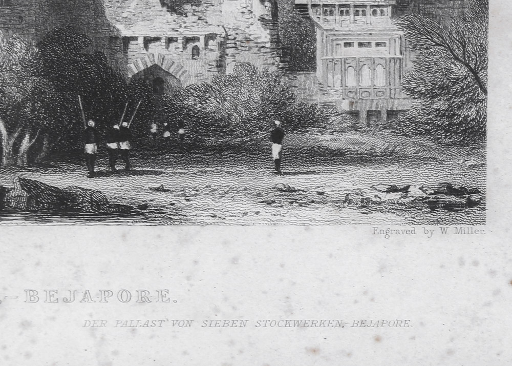 19th Century Engravings "Seven-Storied Palace, Bejapore" and "Jahara Baug, Agra"