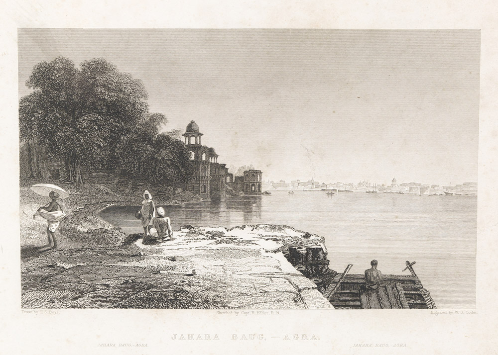 19th Century Engravings "Seven-Storied Palace, Bejapore" and "Jahara Baug, Agra"
