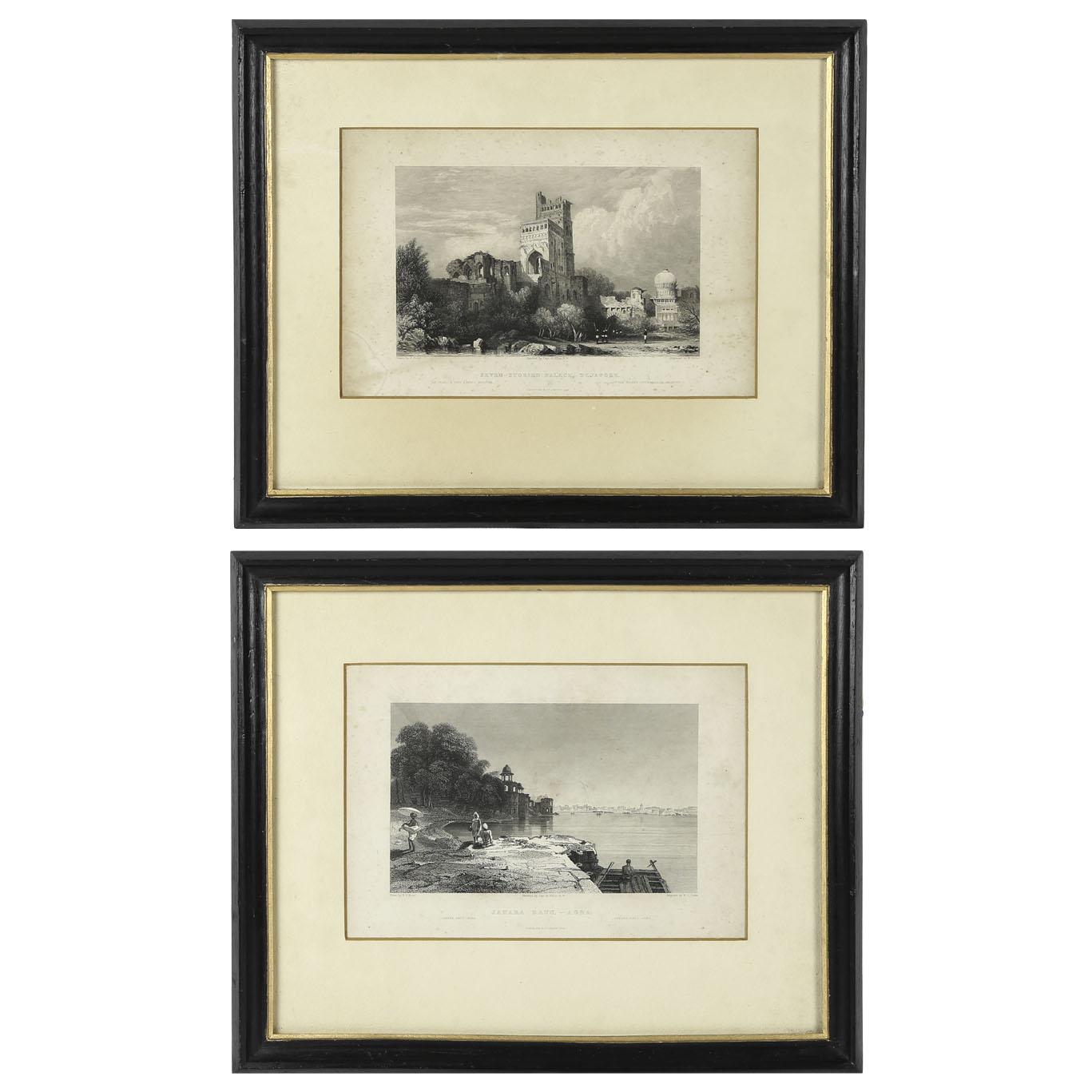 19th Century Engravings "Seven-Storied Palace, Bejapore" and "Jahara Baug, Agra"