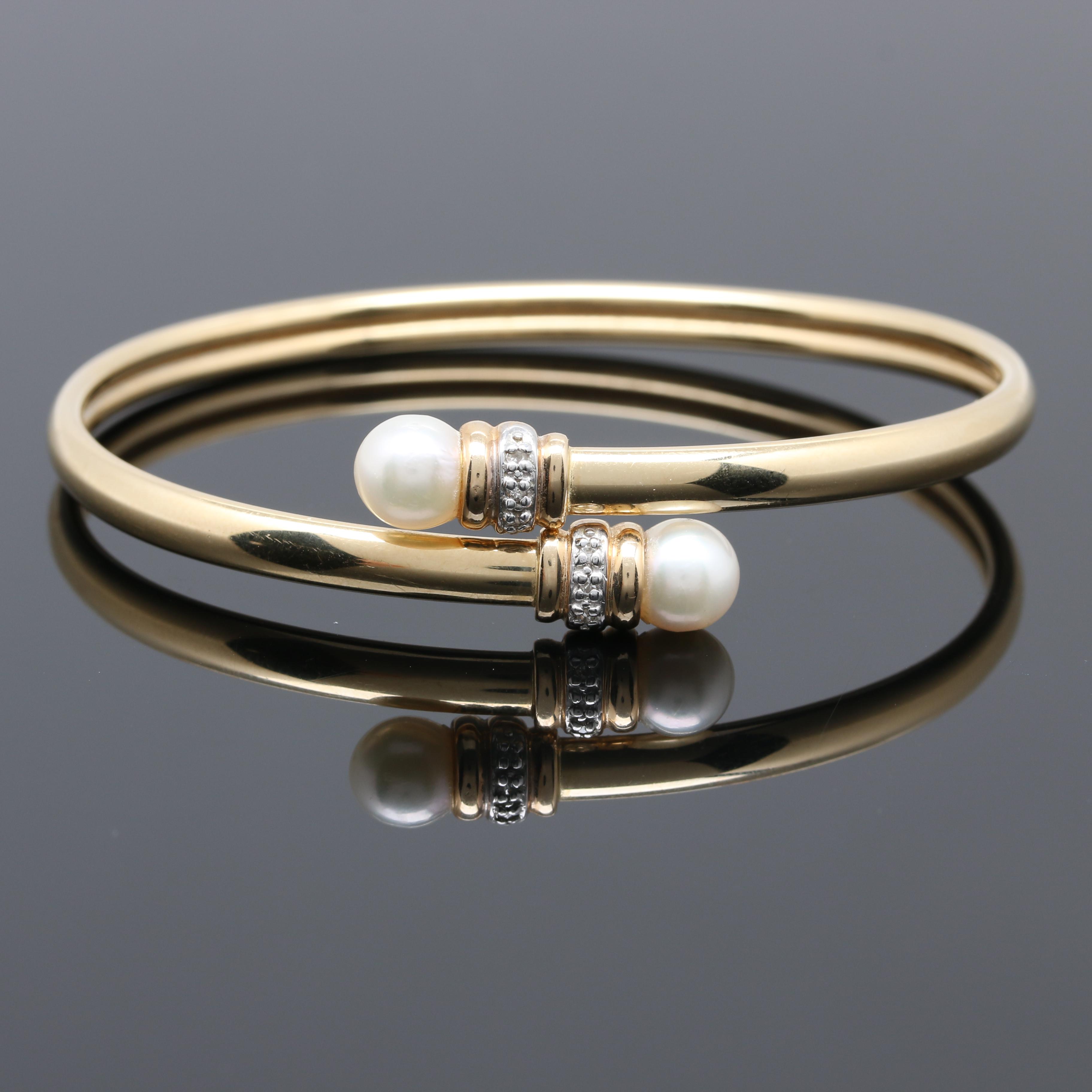14K Yellow Gold Cultured Pearl and Diamond Bypass Bangle