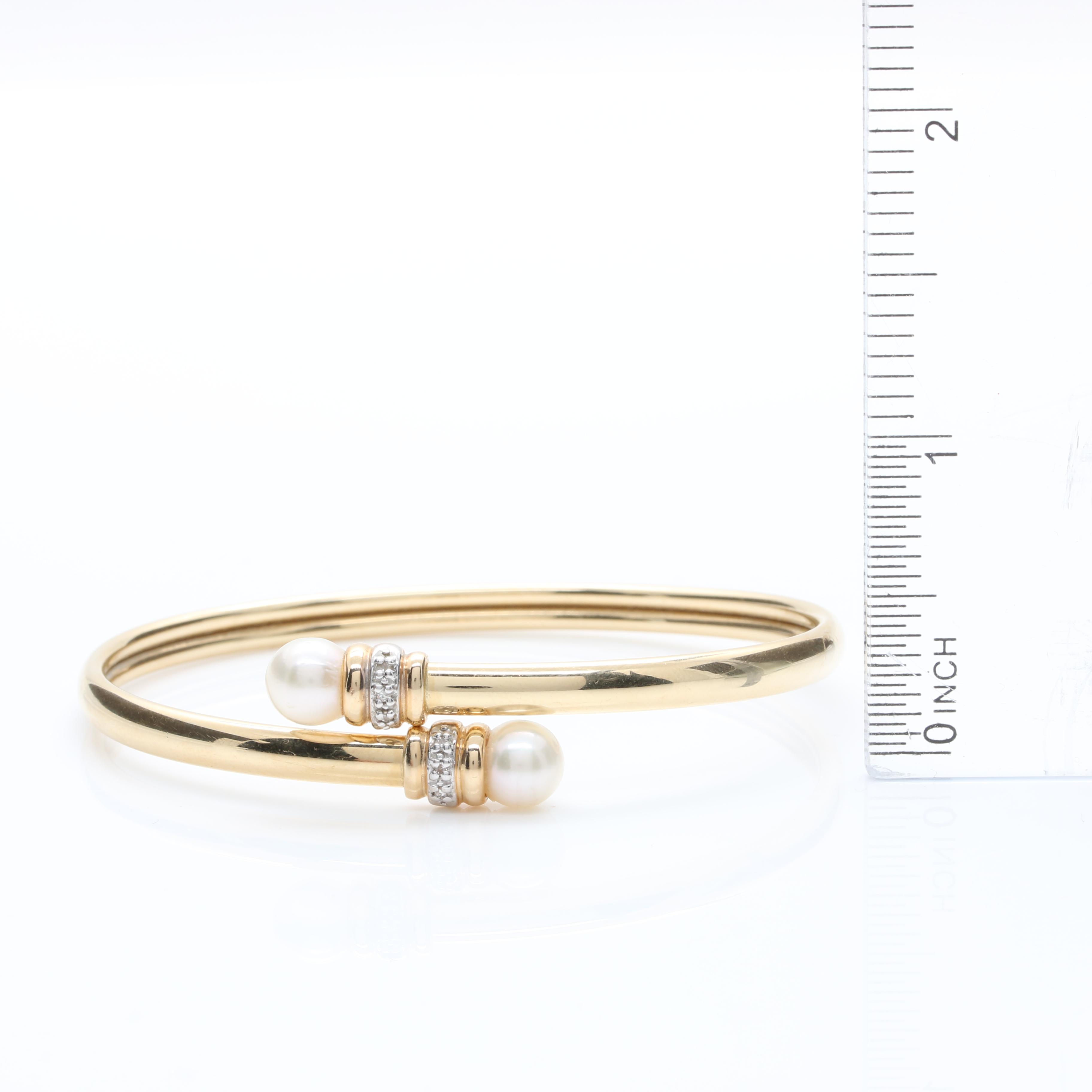 14K Yellow Gold Cultured Pearl and Diamond Bypass Bangle