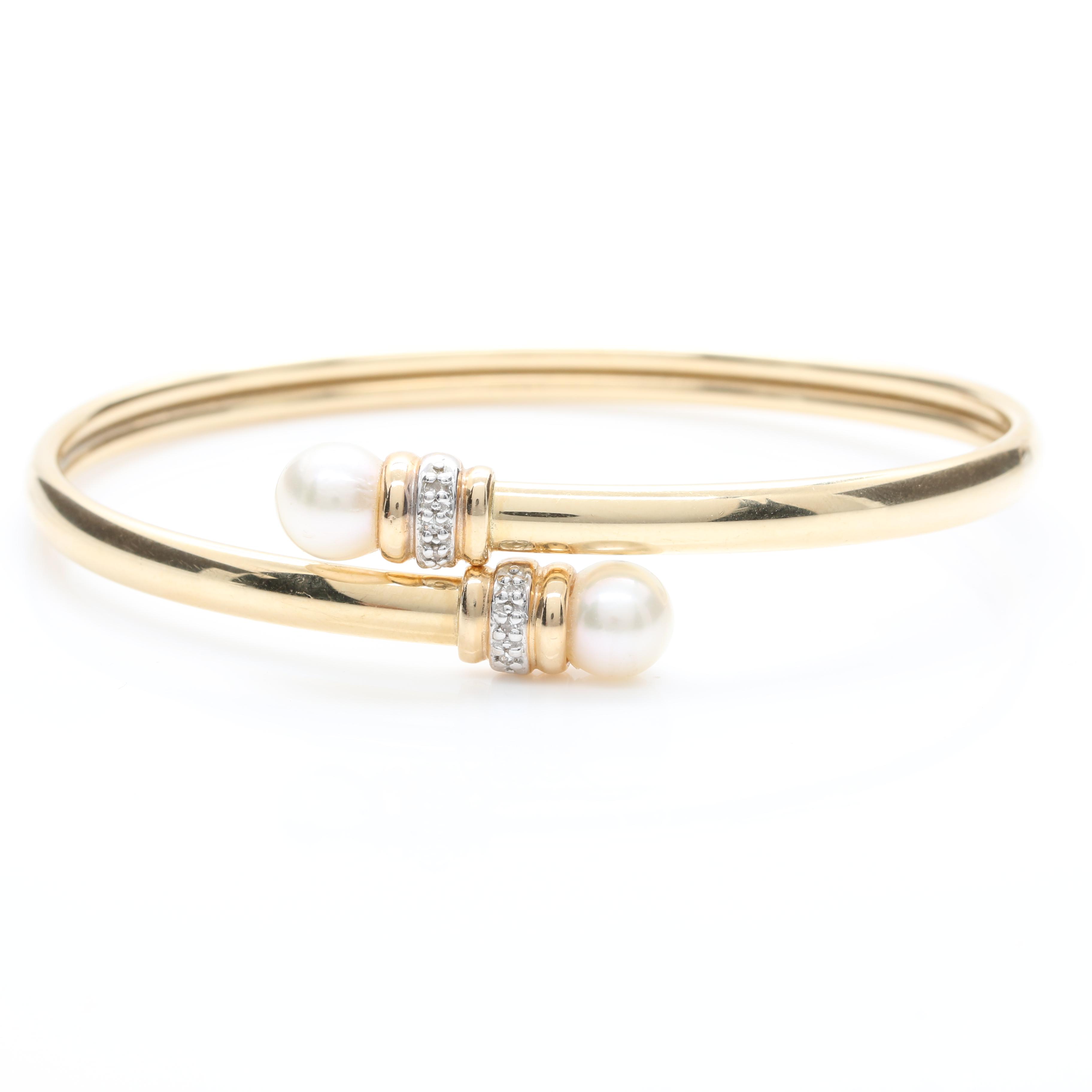 14K Yellow Gold Cultured Pearl and Diamond Bypass Bangle