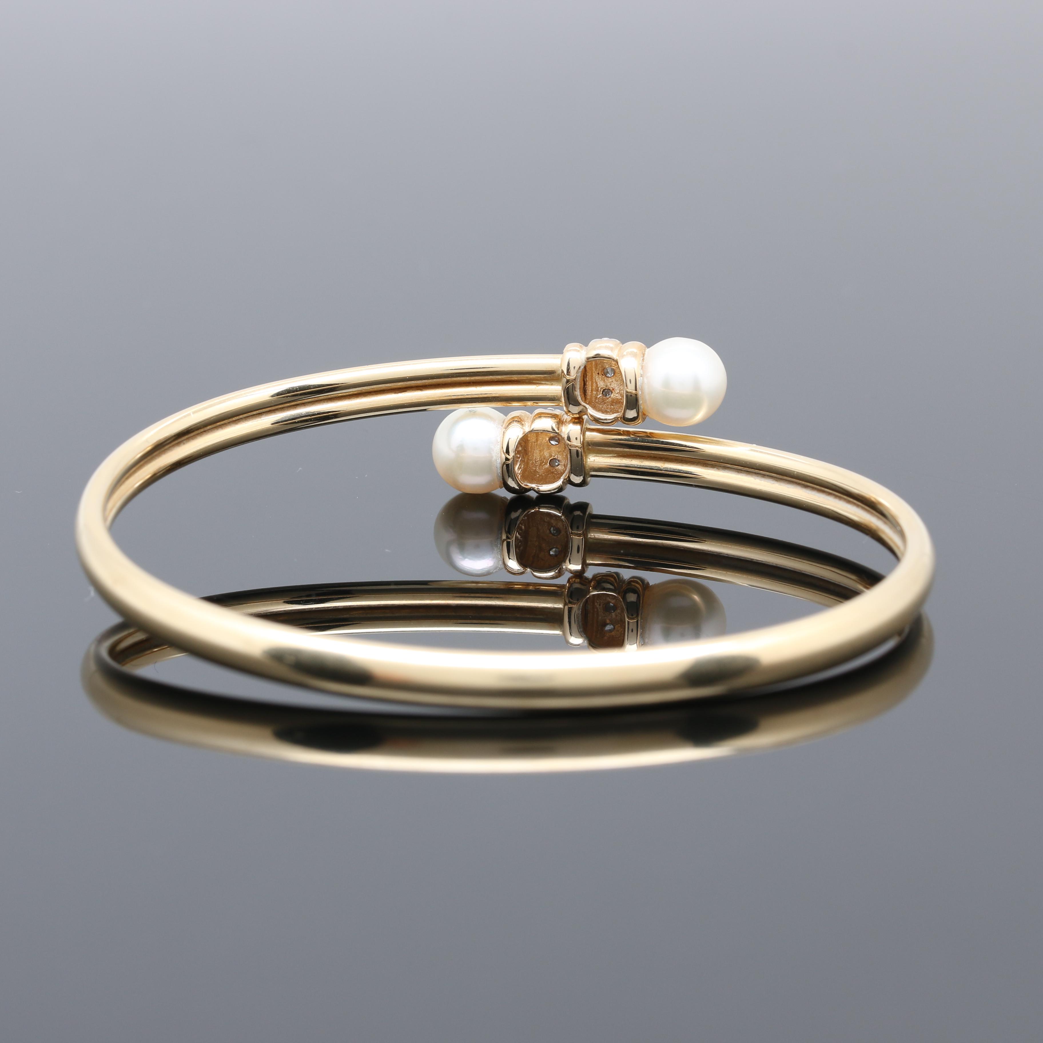 14K Yellow Gold Cultured Pearl and Diamond Bypass Bangle