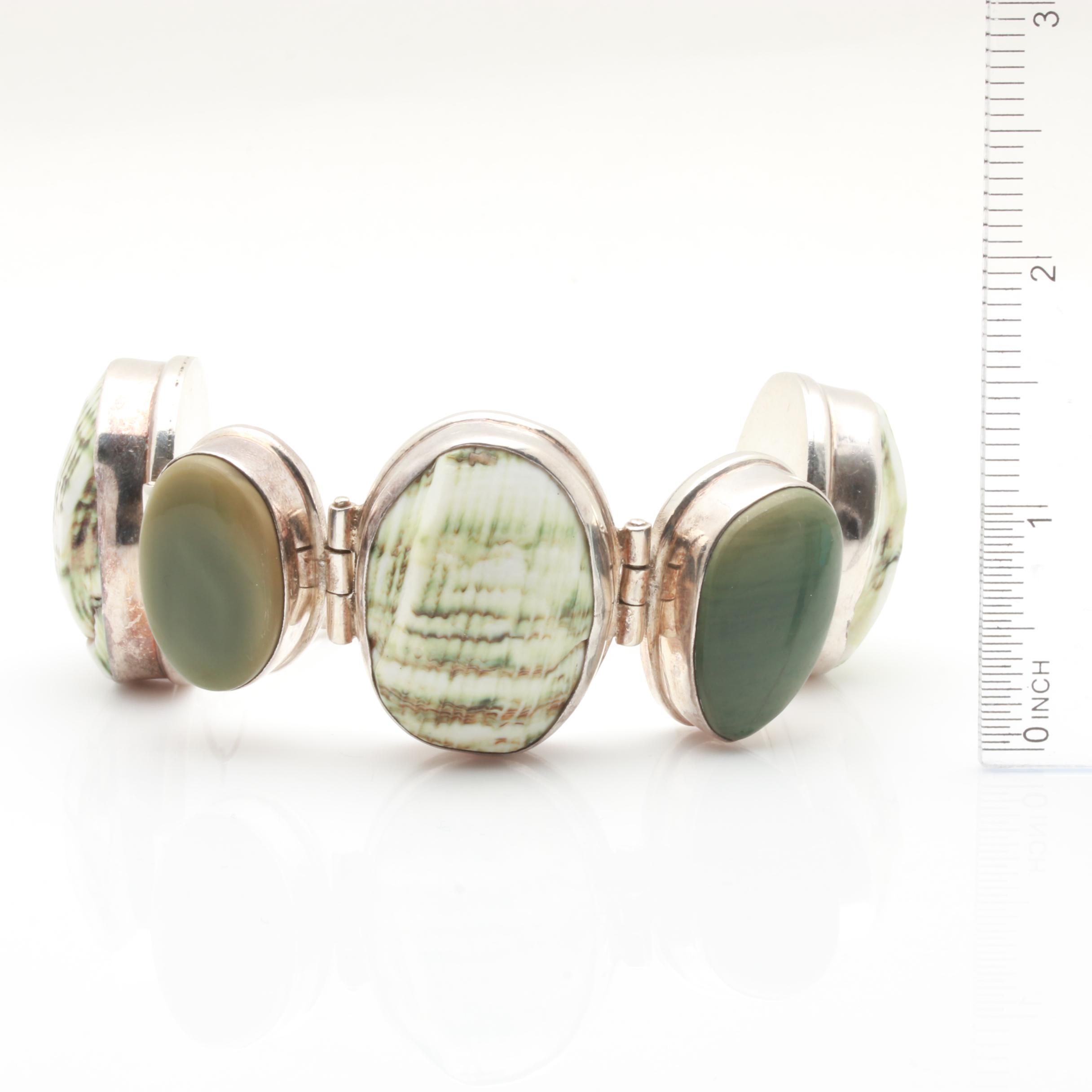 Sterling Silver Shell and Carved Green Aventurine Bracelet Selection