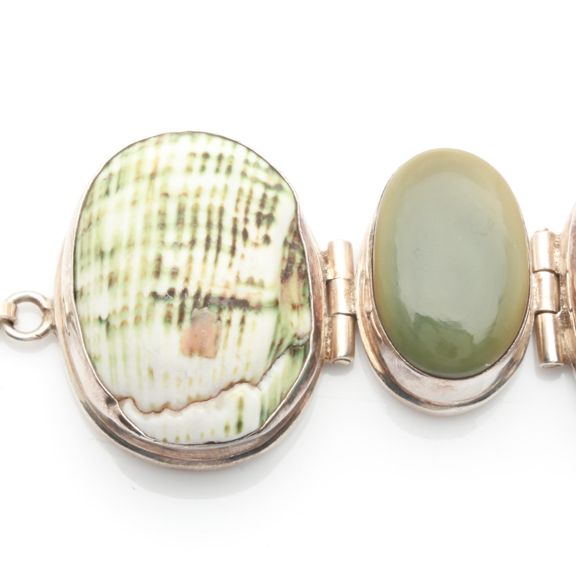 Sterling Silver Shell and Carved Green Aventurine Bracelet Selection