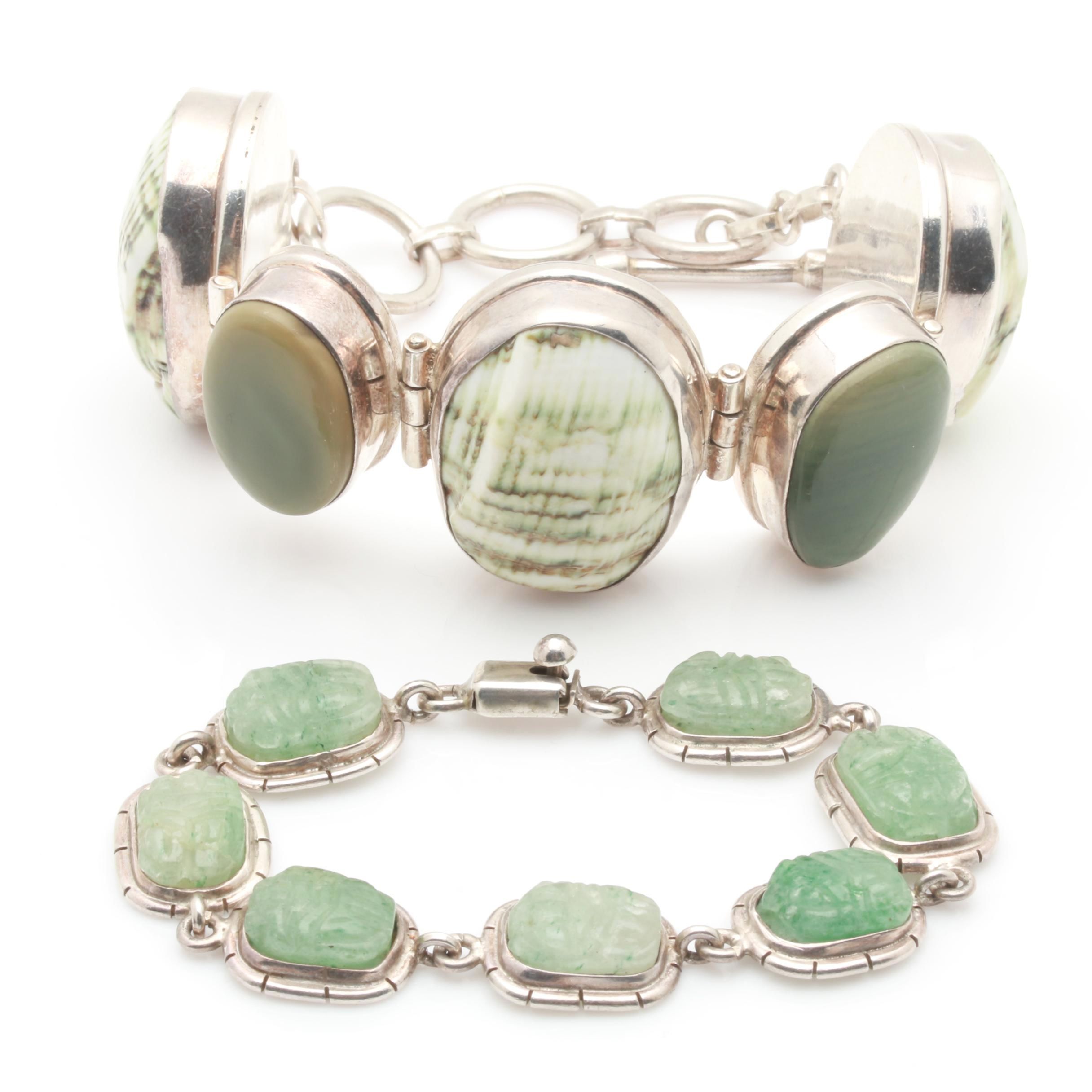 Sterling Silver Shell and Carved Green Aventurine Bracelet Selection