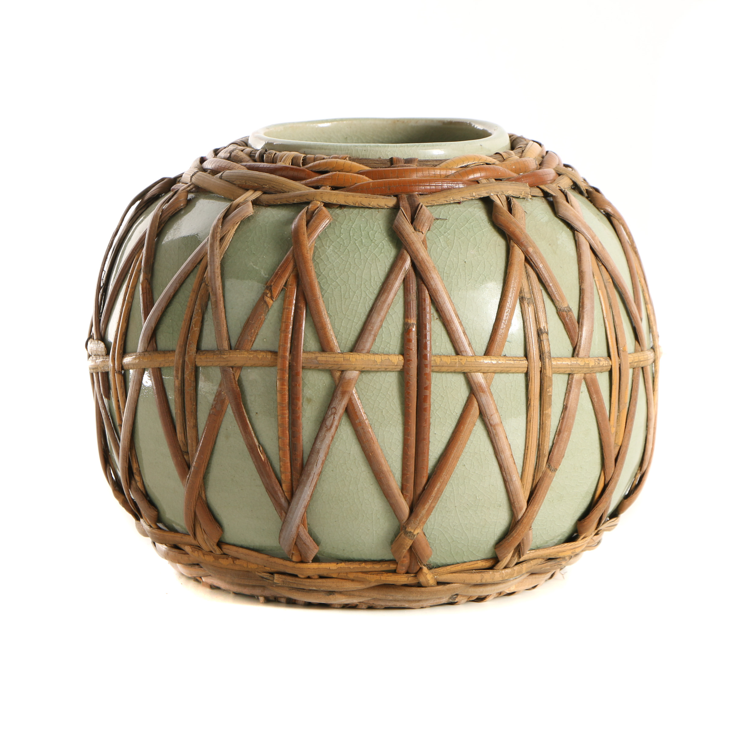 Chinese Bamboo Wrapped Celadon Ceramic Jar