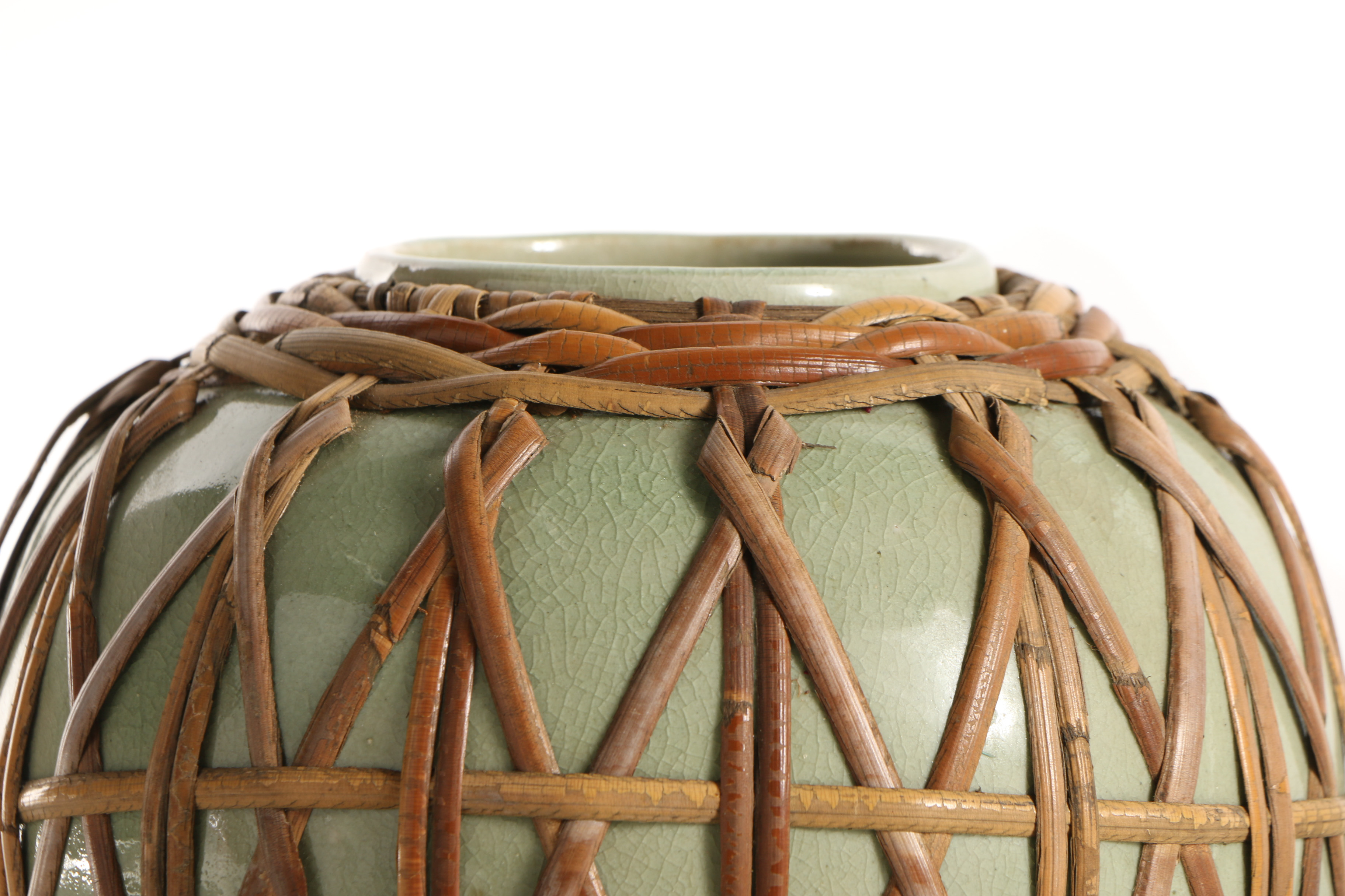 Chinese Bamboo Wrapped Celadon Ceramic Jar