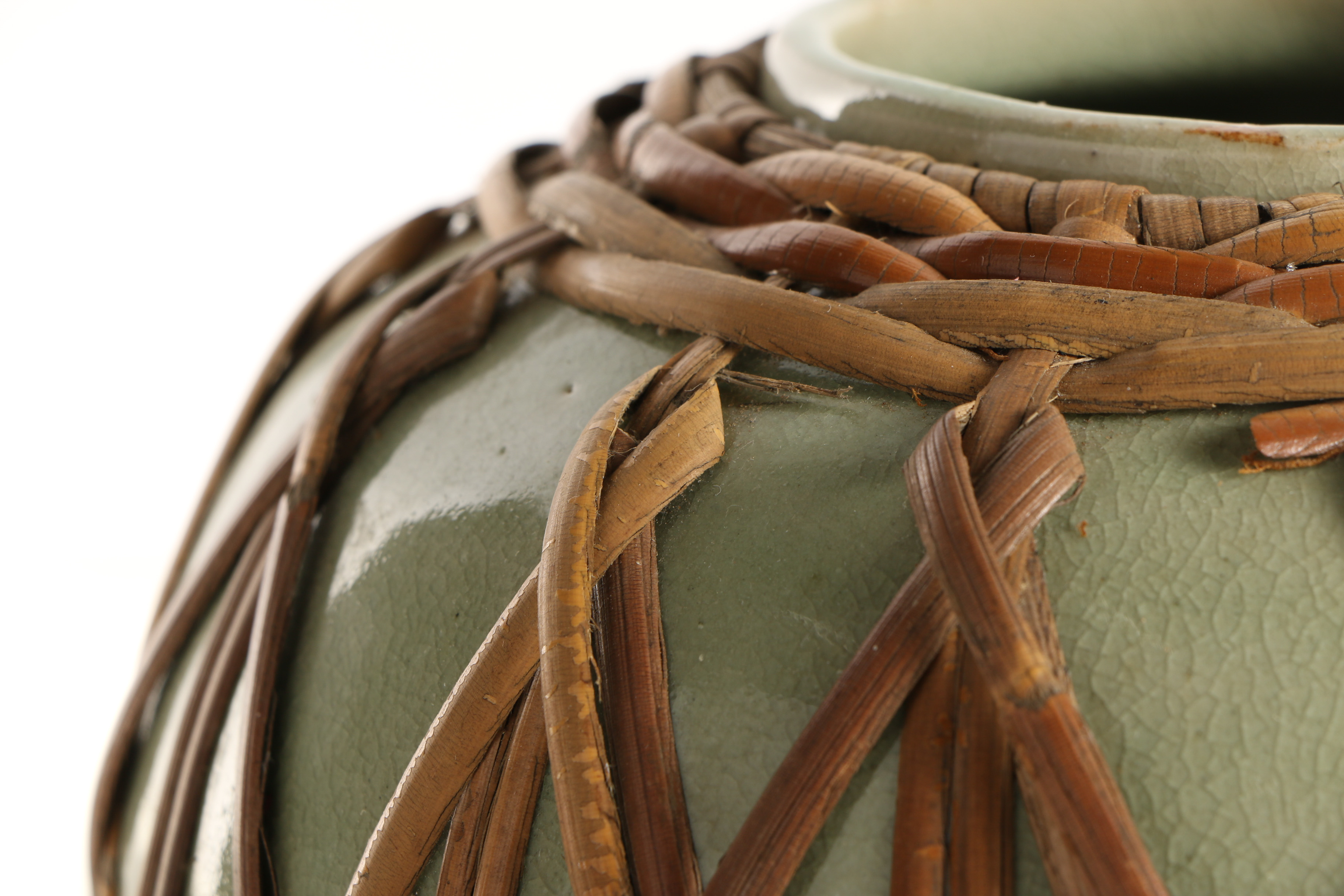 Chinese Bamboo Wrapped Celadon Ceramic Jar