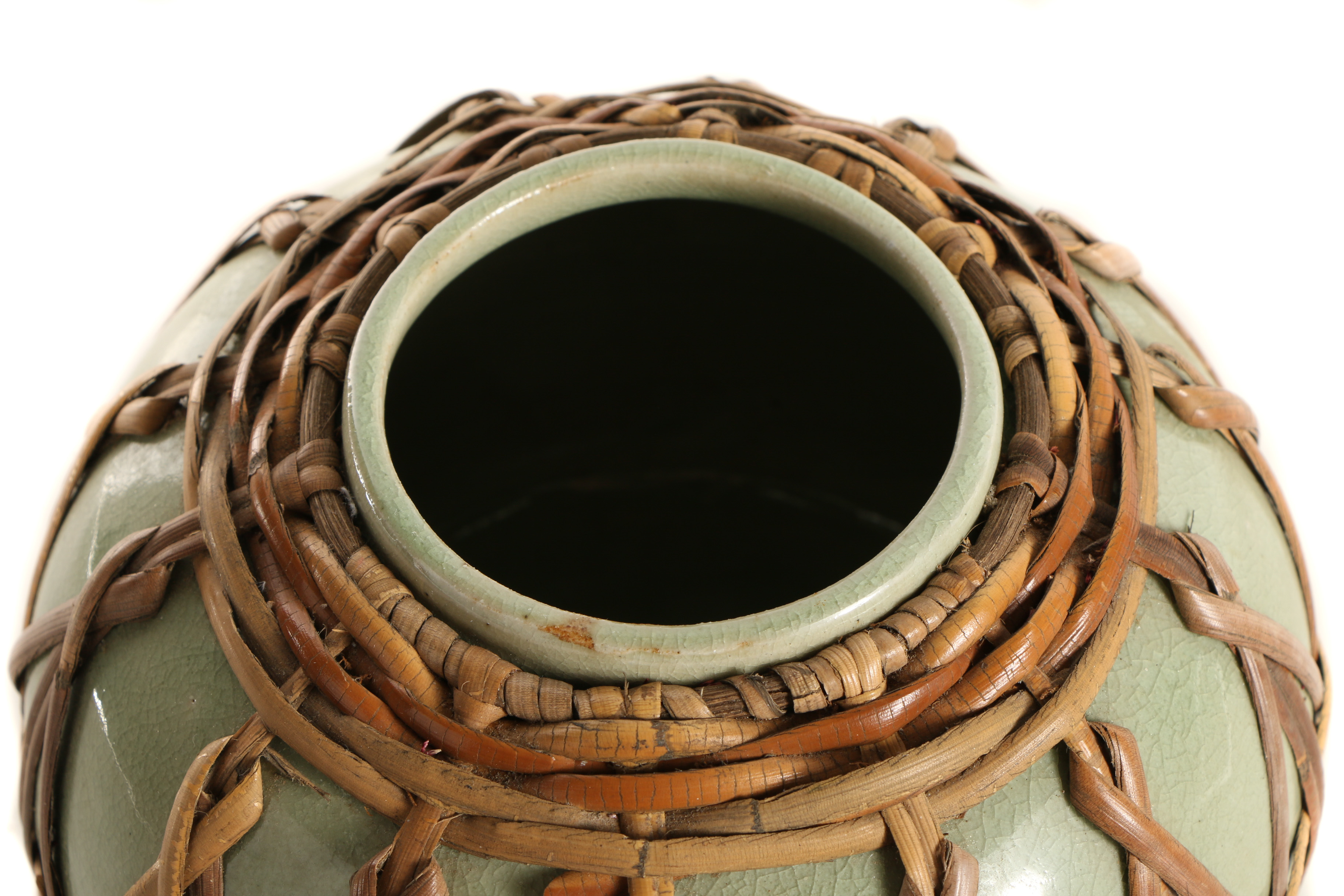 Chinese Bamboo Wrapped Celadon Ceramic Jar
