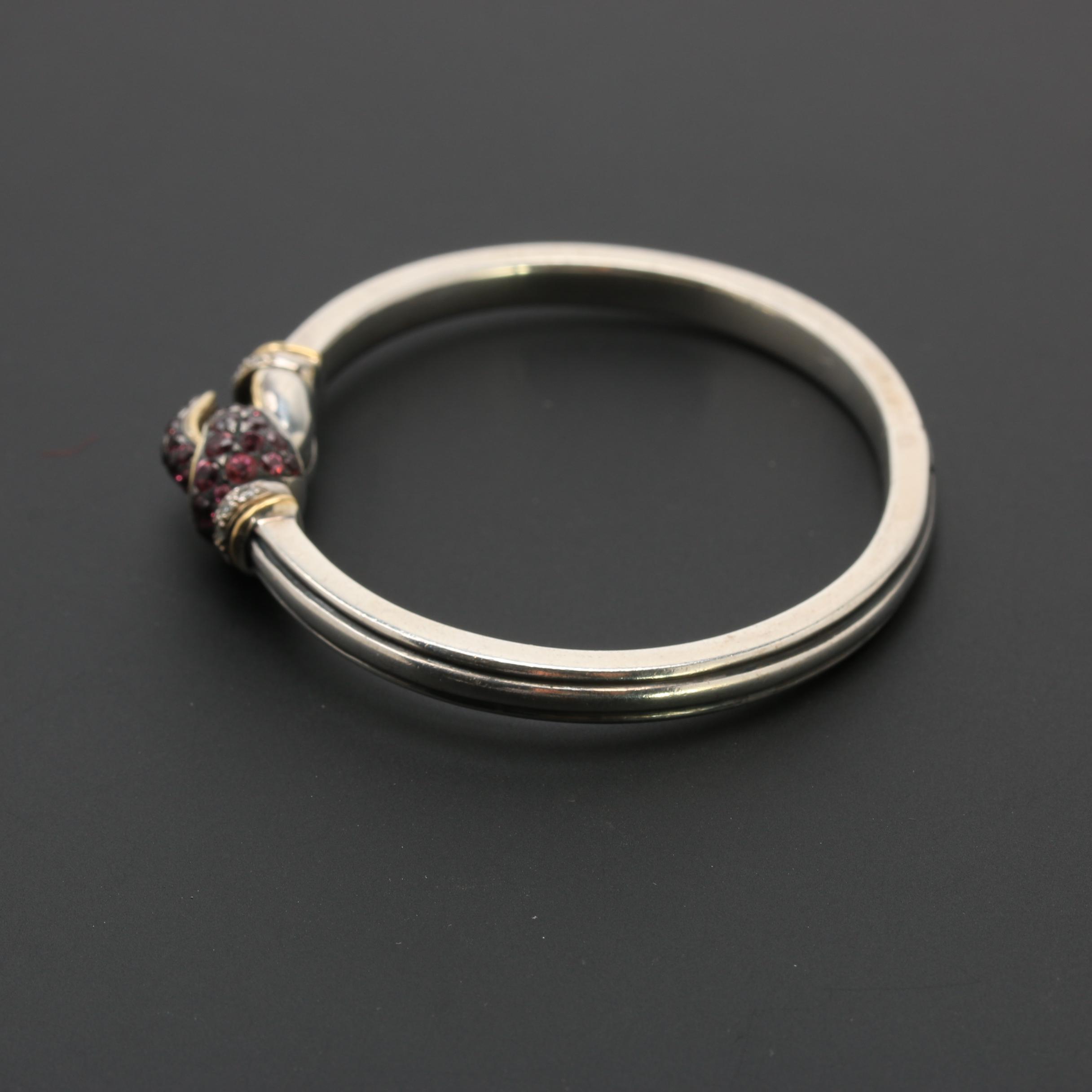Sterling Silver Diamond and Garnet Hinged Bangle Bracelet