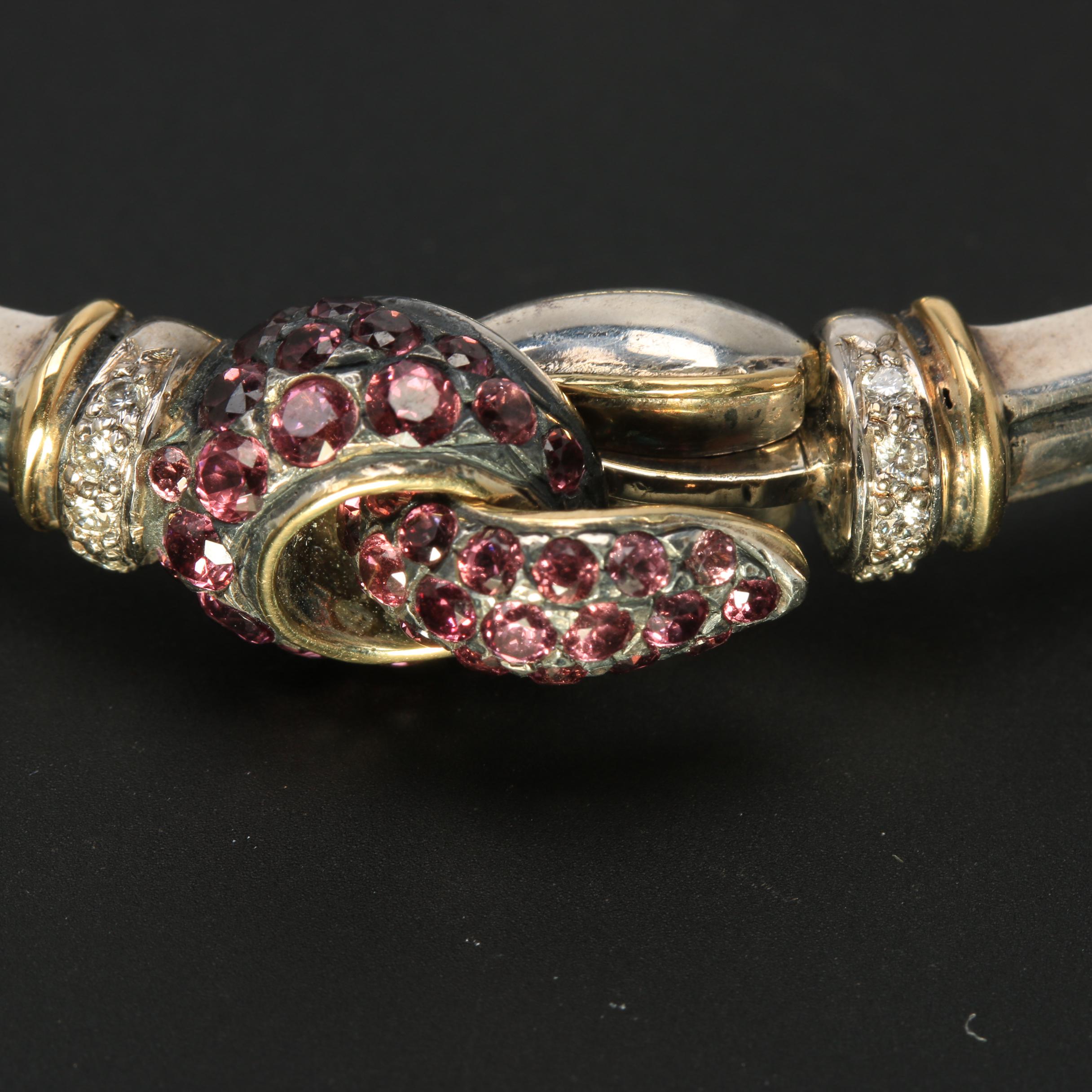 Sterling Silver Diamond and Garnet Hinged Bangle Bracelet