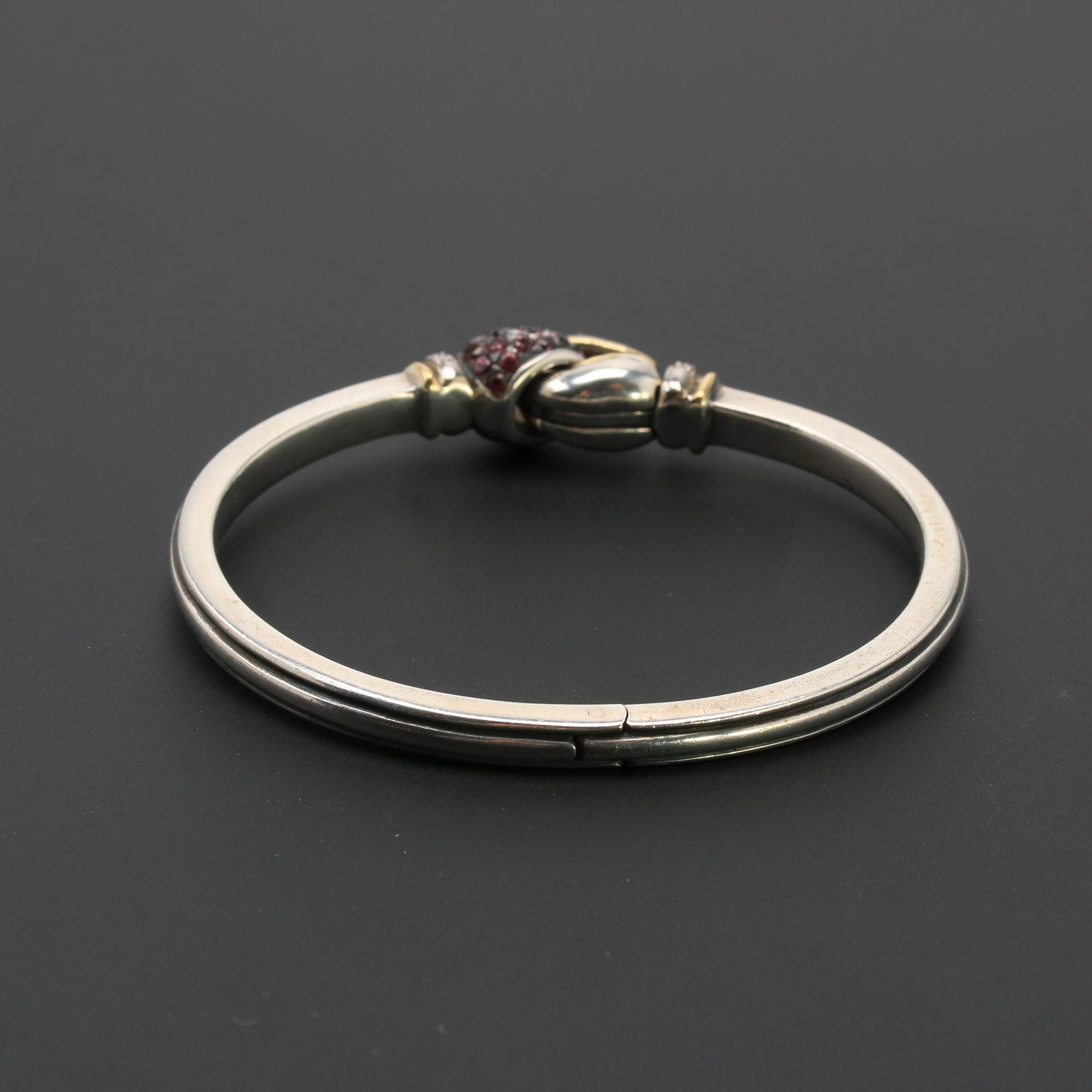Sterling Silver Diamond and Garnet Hinged Bangle Bracelet