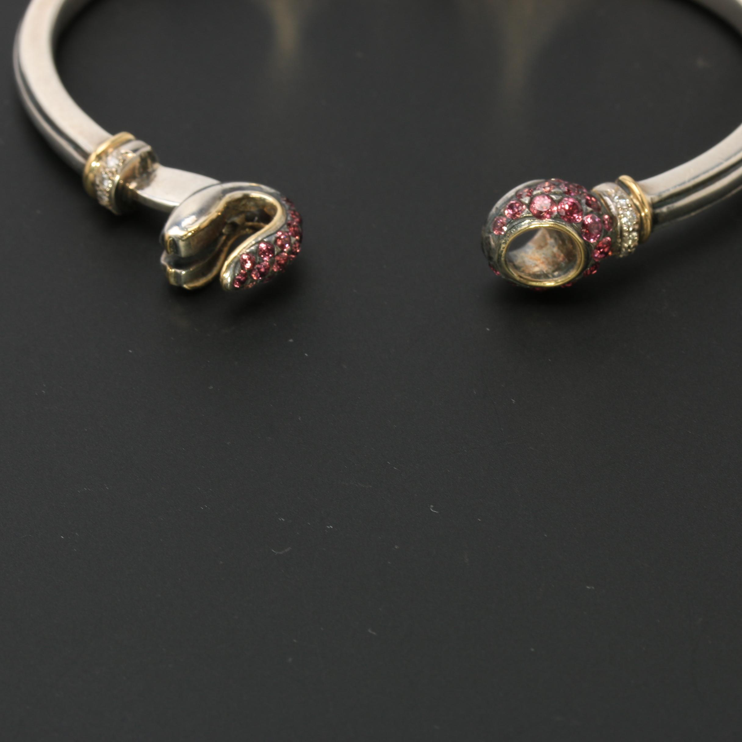 Sterling Silver Diamond and Garnet Hinged Bangle Bracelet