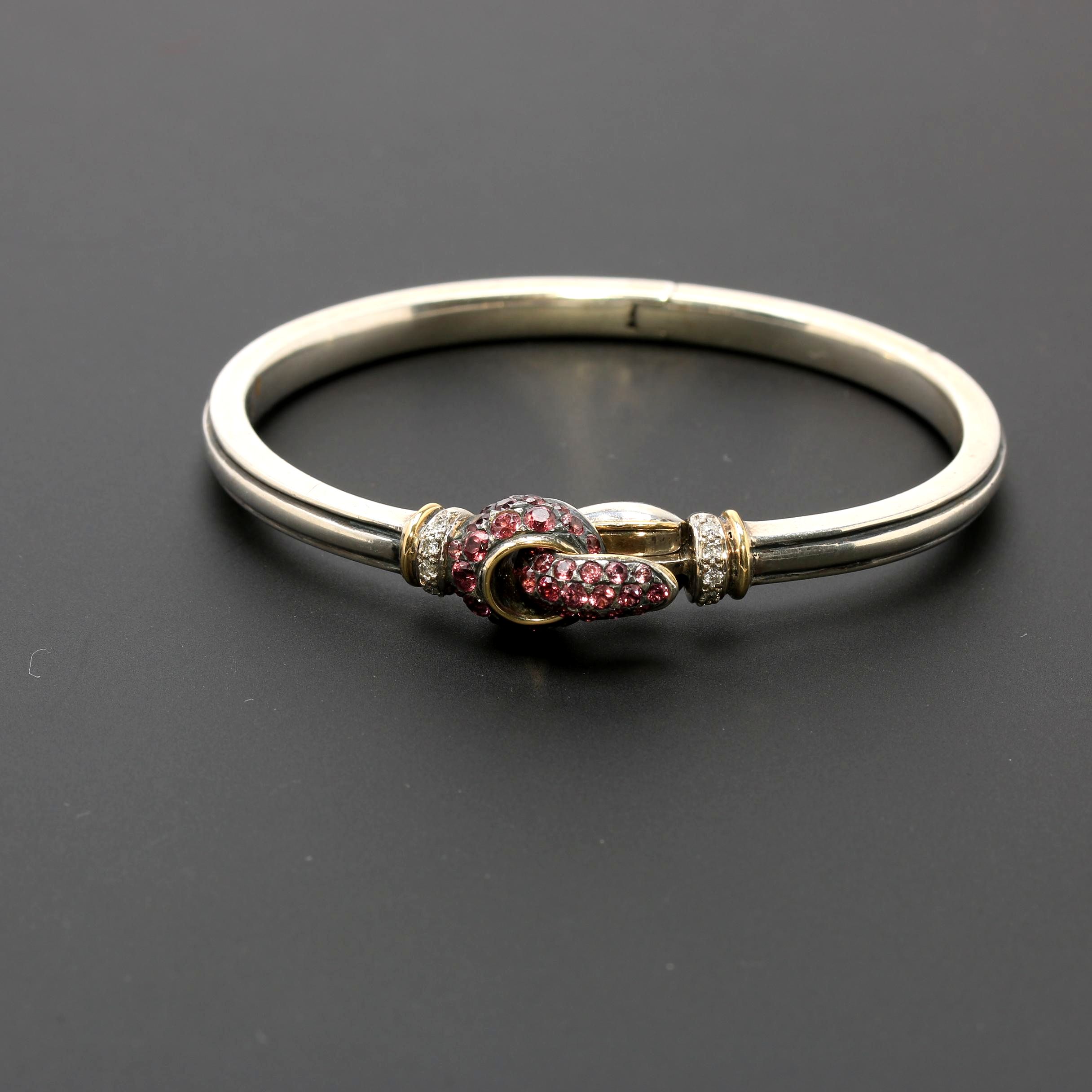 Sterling Silver Diamond and Garnet Hinged Bangle Bracelet