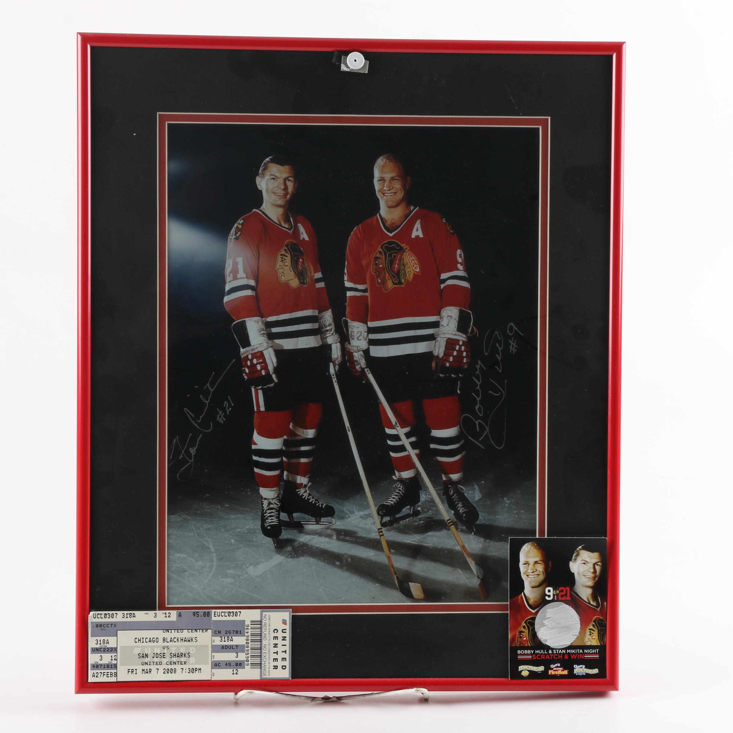 Autographed Stan Mikita and Bobby Hull Photograph with Game Ticket