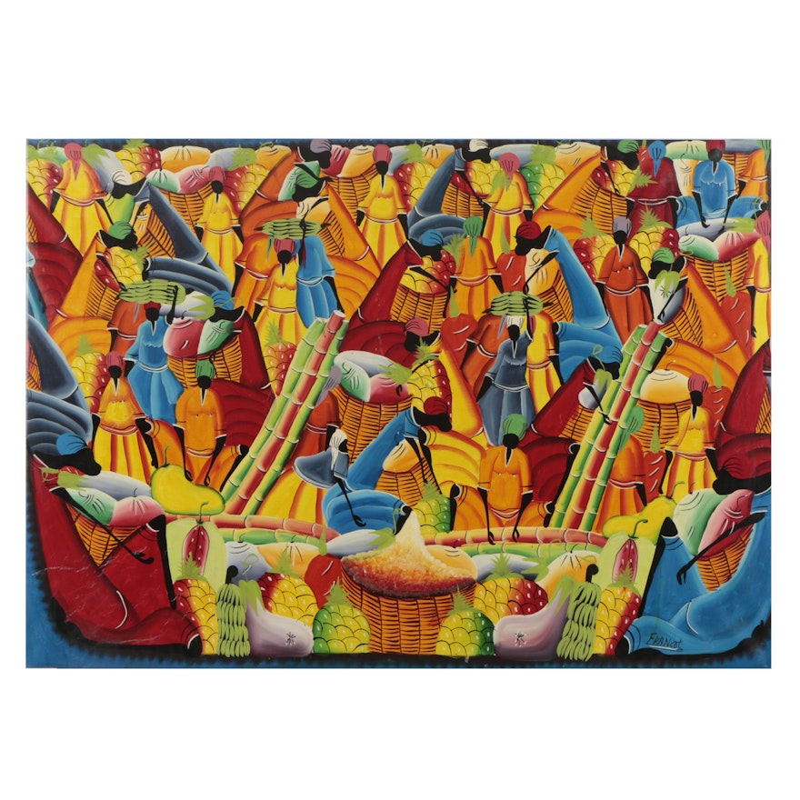 Late 20th Century Haitian Style Acrylic Painting of Market Scene