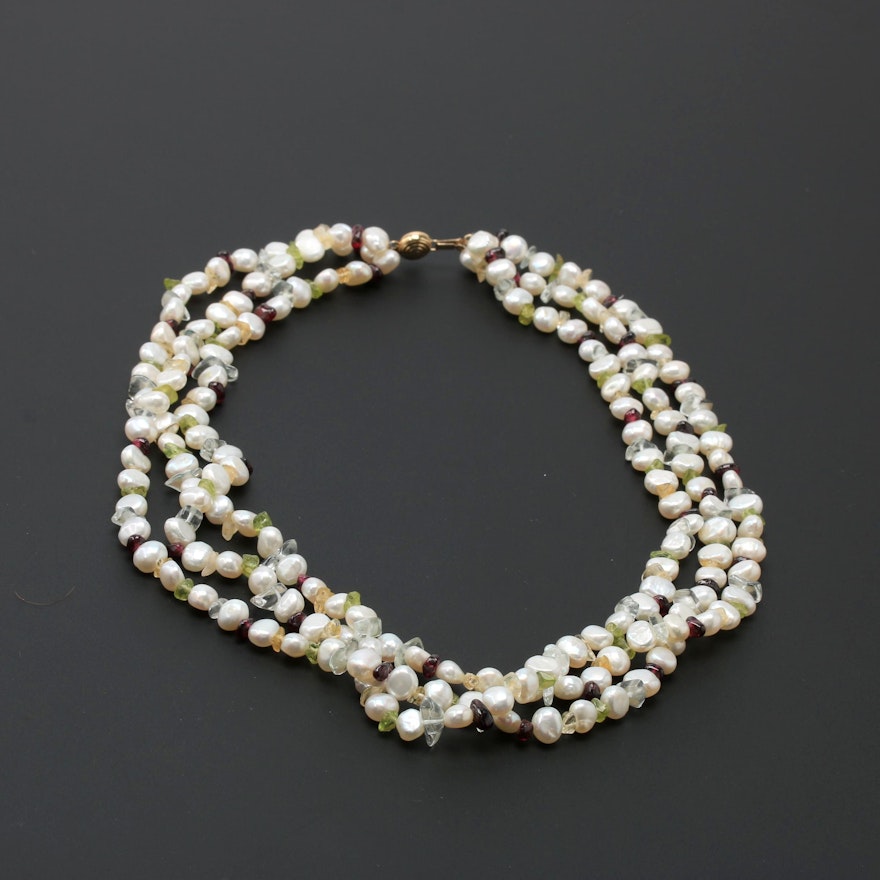 14K Yellow Gold Cultured Pearl and Gemstone Necklace