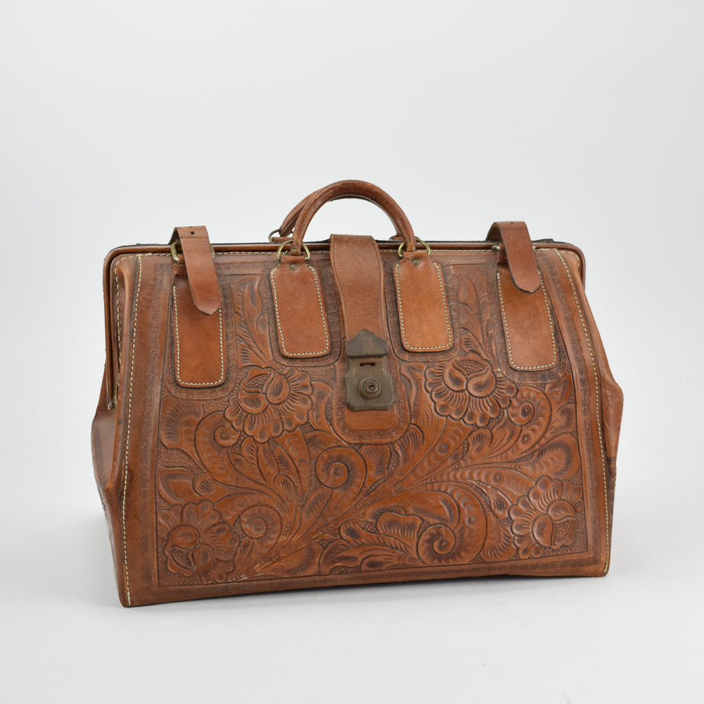 Vintage J. Caudillo Mexico Tooled Leather Doctor's Bag