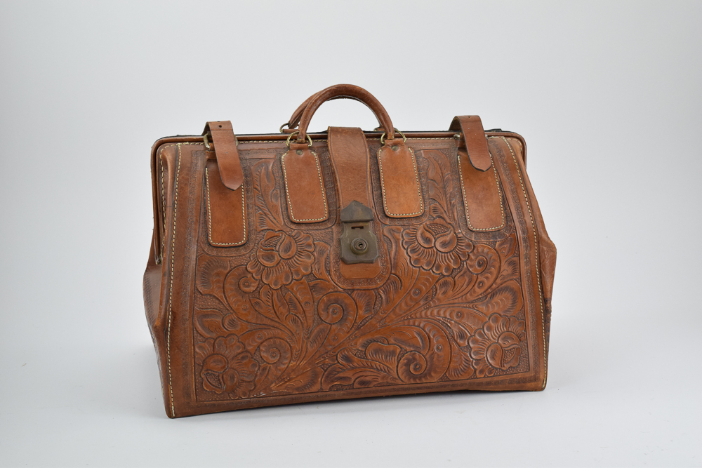 Vintage J. Caudillo Mexico Tooled Leather Doctor's Bag