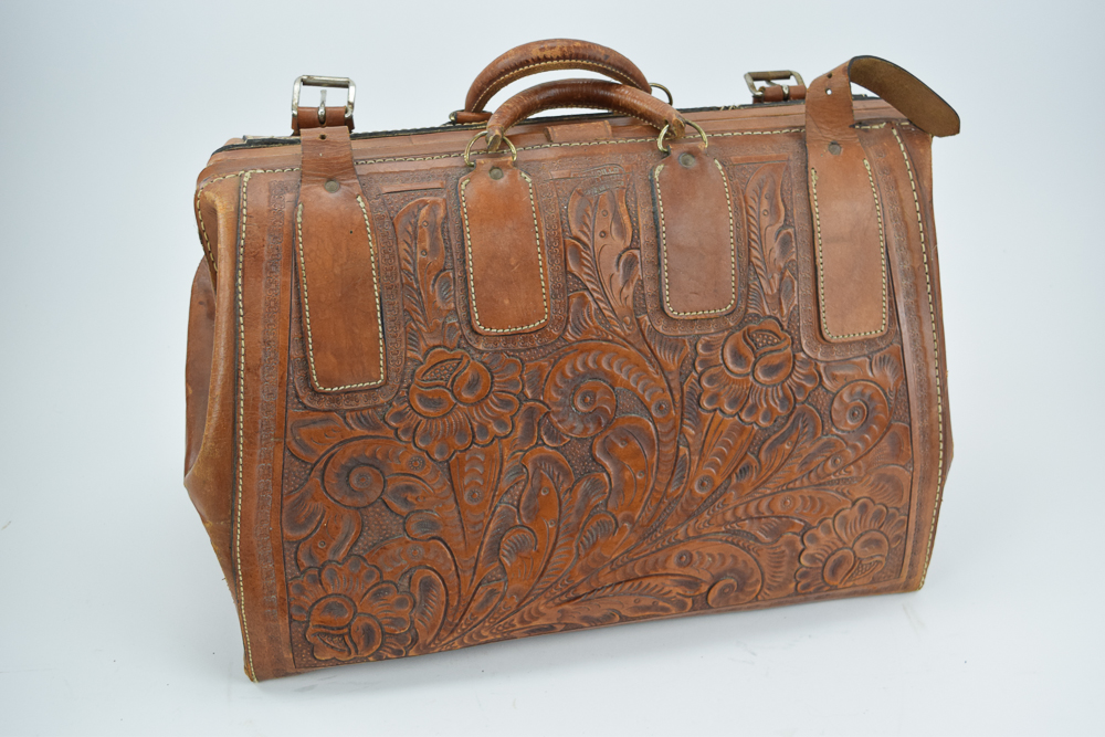 Vintage J. Caudillo Mexico Tooled Leather Doctor's Bag