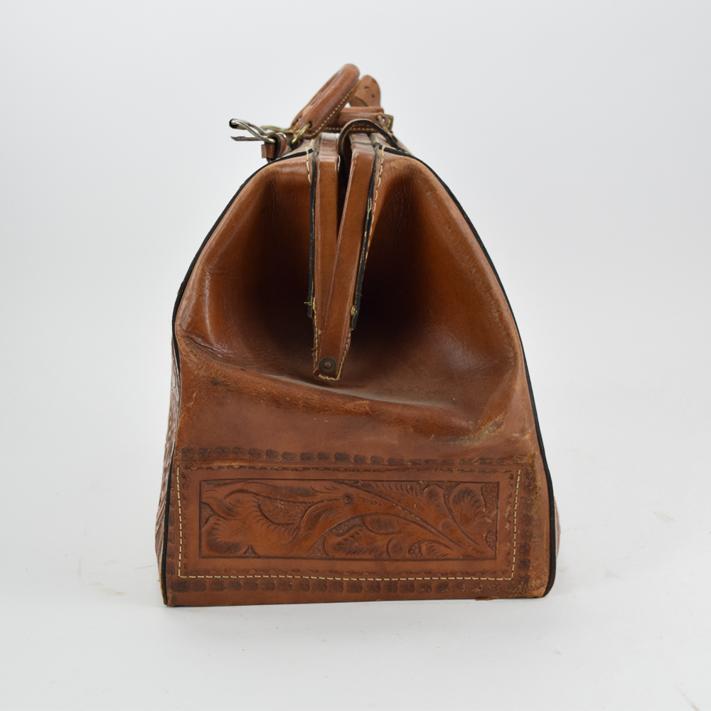 Vintage J. Caudillo Mexico Tooled Leather Doctor's Bag