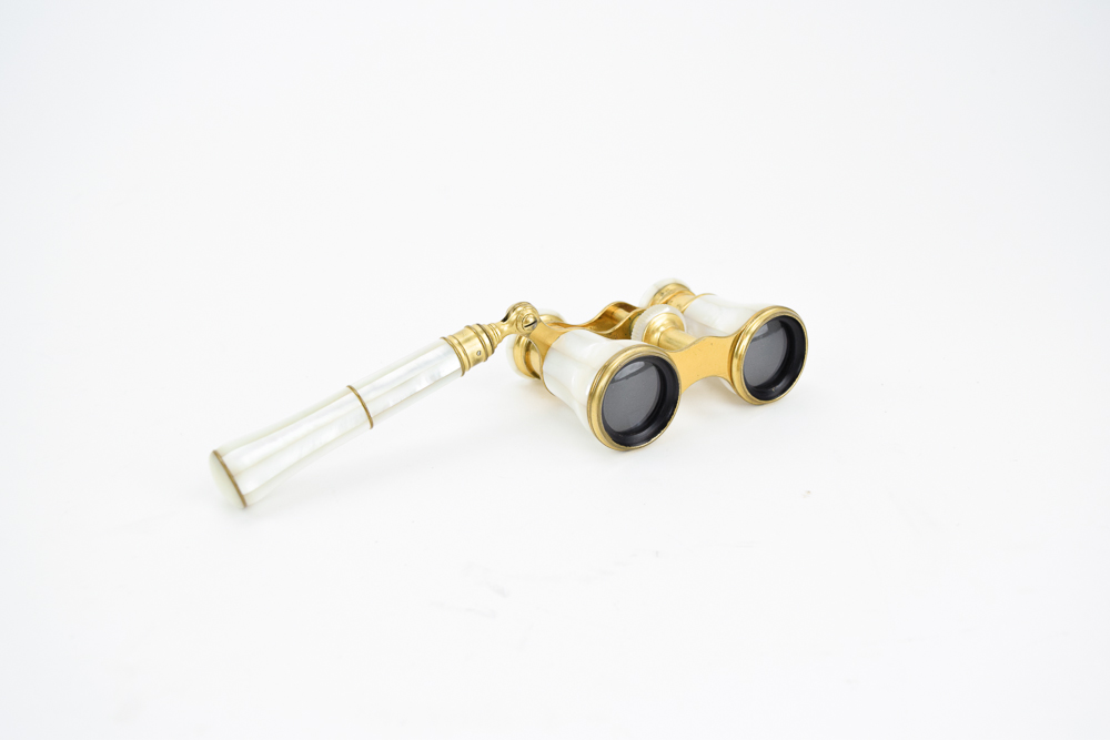 Antique French Lemair Mother of Pearl and Brass Opera Glasses With Handle