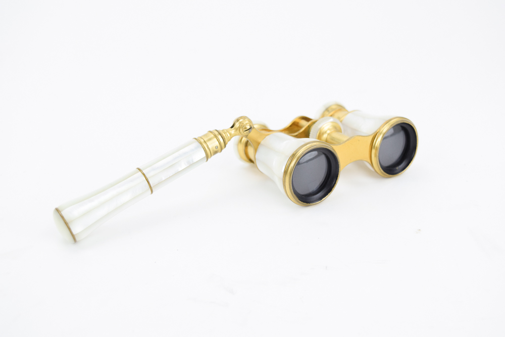 Antique French Lemair Mother of Pearl and Brass Opera Glasses With Handle